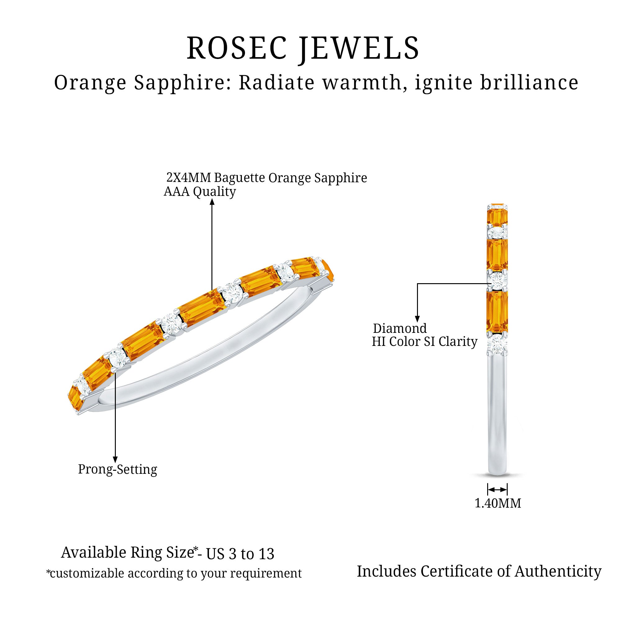 Rosec Jewels-Lab Grown Orange Sapphire and Diamond Half Eternity Stackable Ring