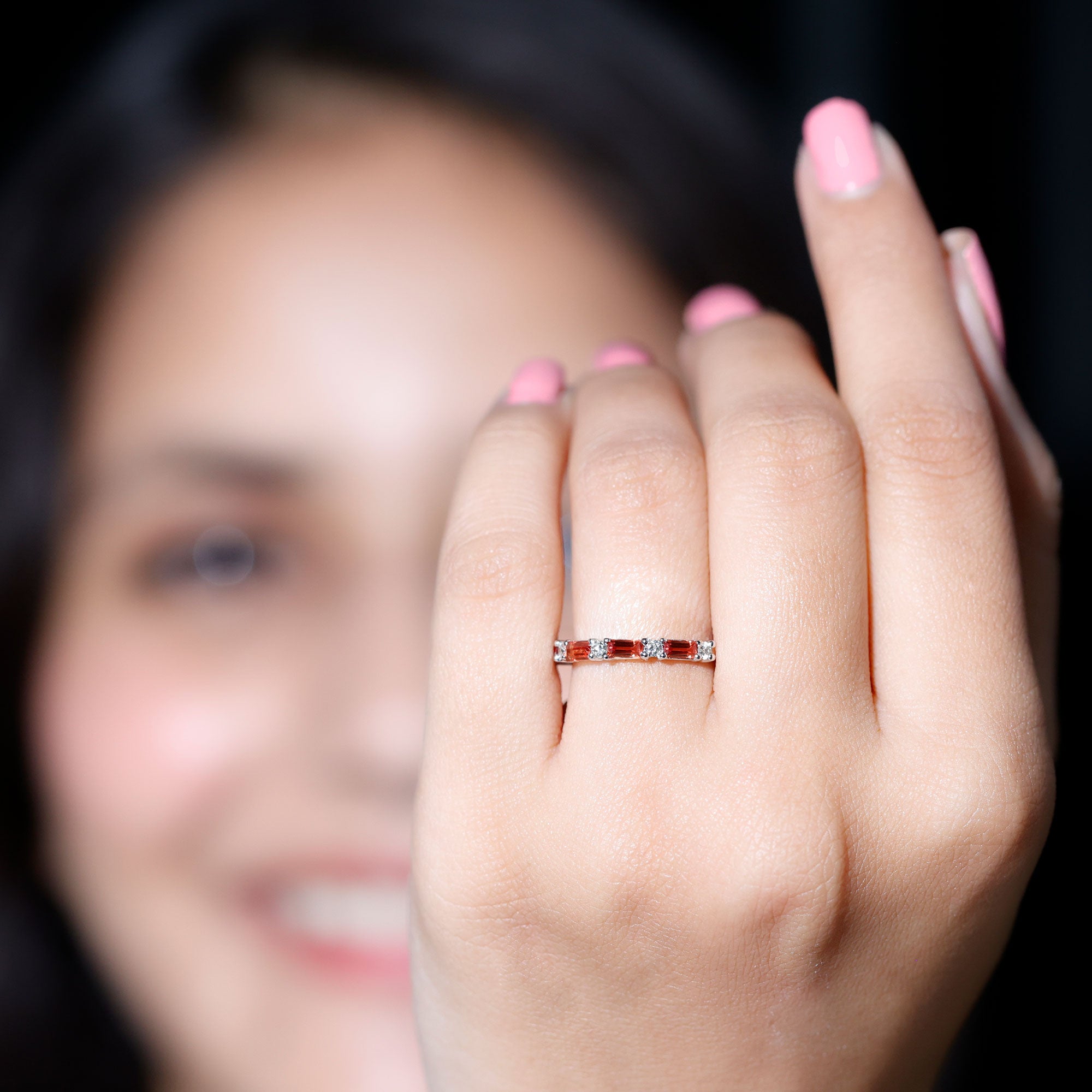 Rosec Jewels-Lab Grown Orange Sapphire and Diamond Half Eternity Stackable Ring