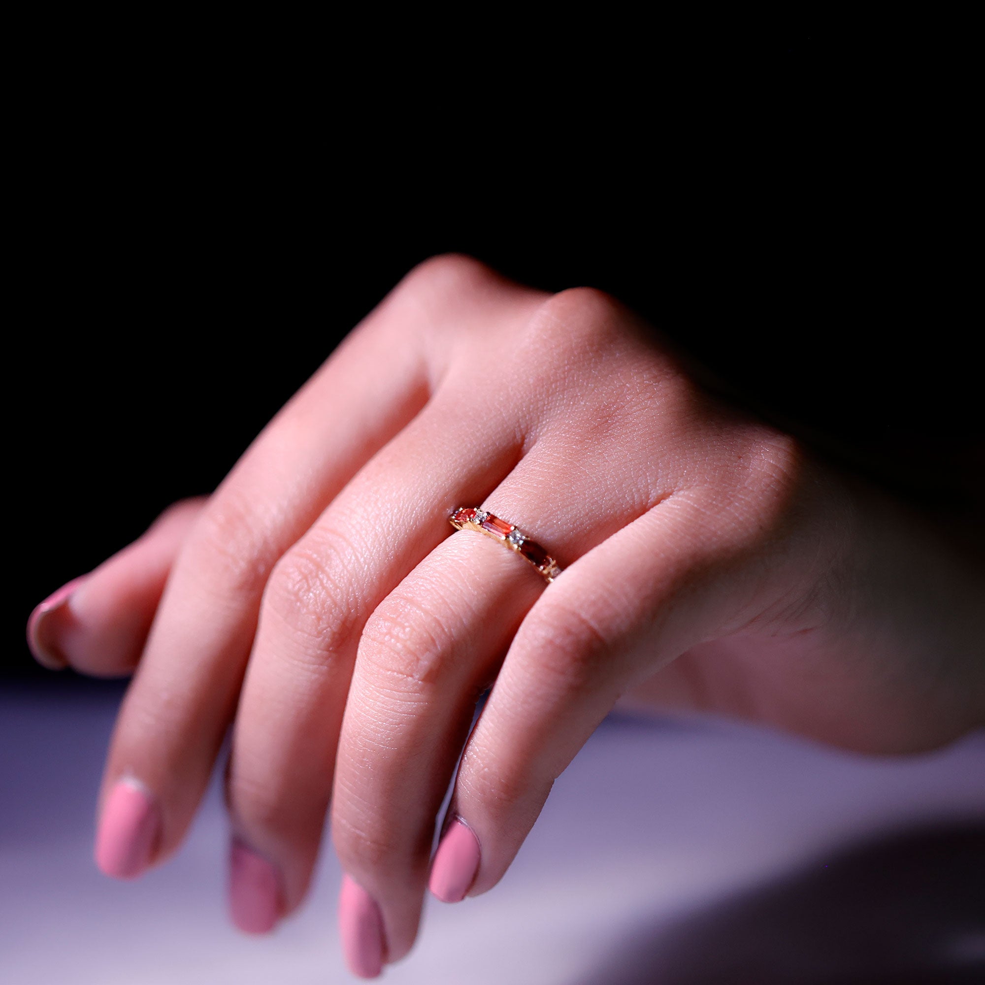 Rosec Jewels-Lab Grown Orange Sapphire and Diamond Half Eternity Stackable Ring