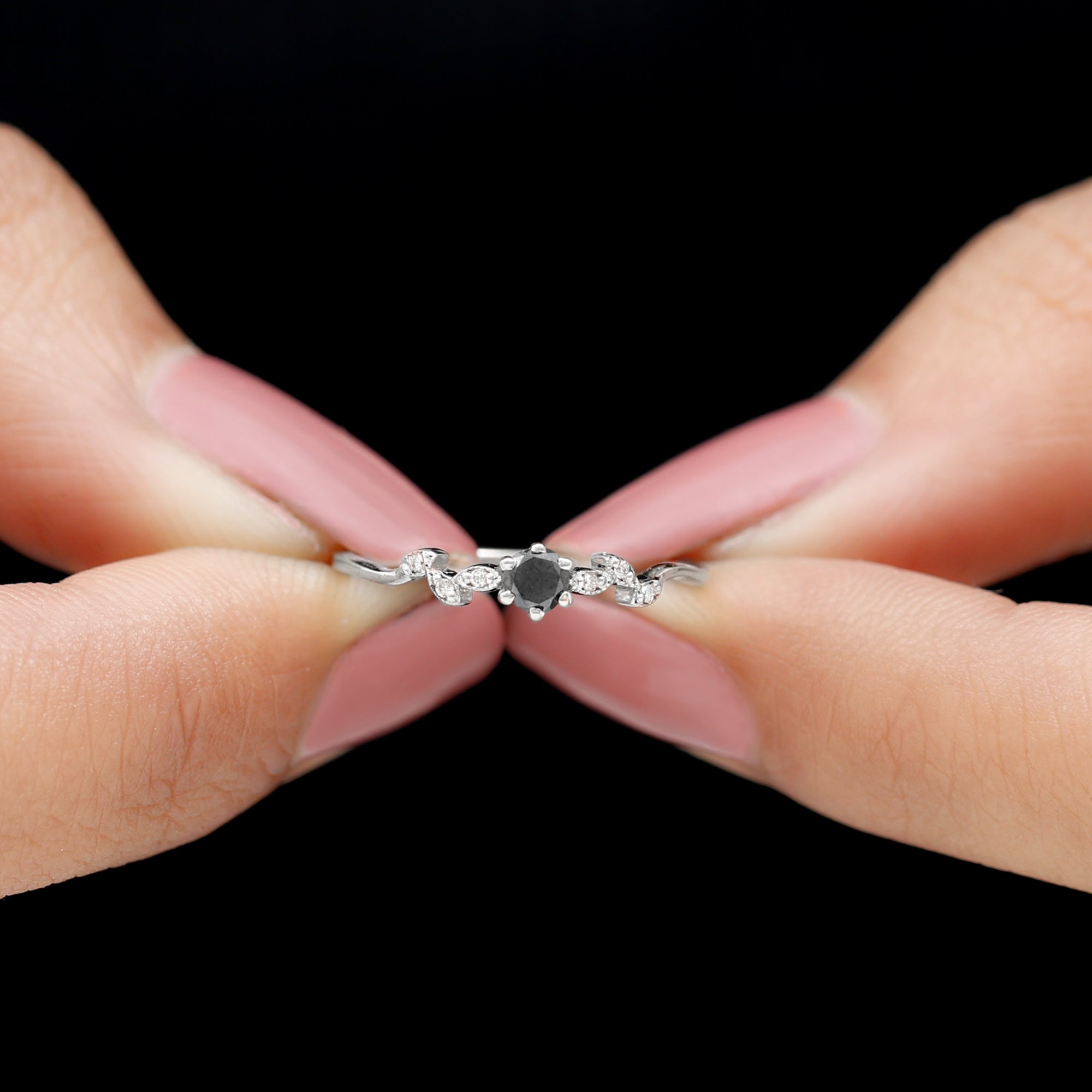 Rosec Jewels-Milgrain Leaf and Dainty Black Onyx Diamond Promise Ring