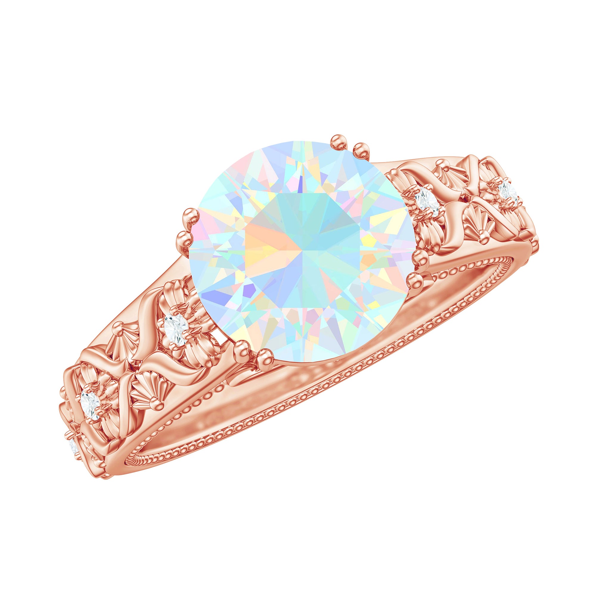 Rosec Jewels-2 CT Vintage Style Solitaire Ethiopian Opal Flower Ring with Diamond