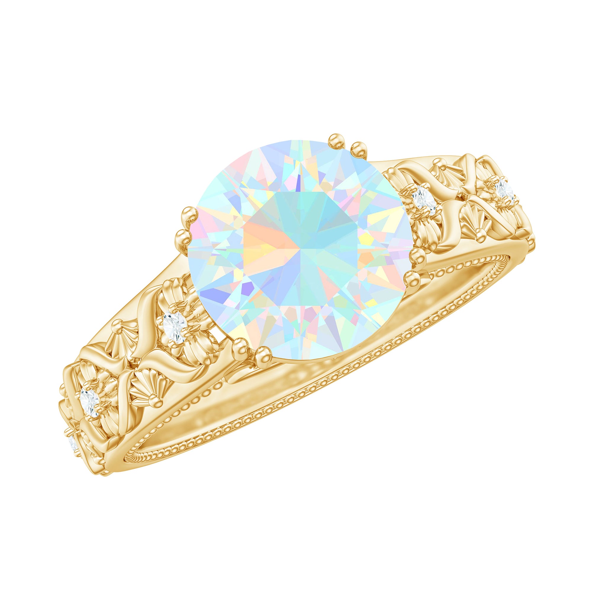 Rosec Jewels-2 CT Vintage Style Solitaire Ethiopian Opal Flower Ring with Diamond