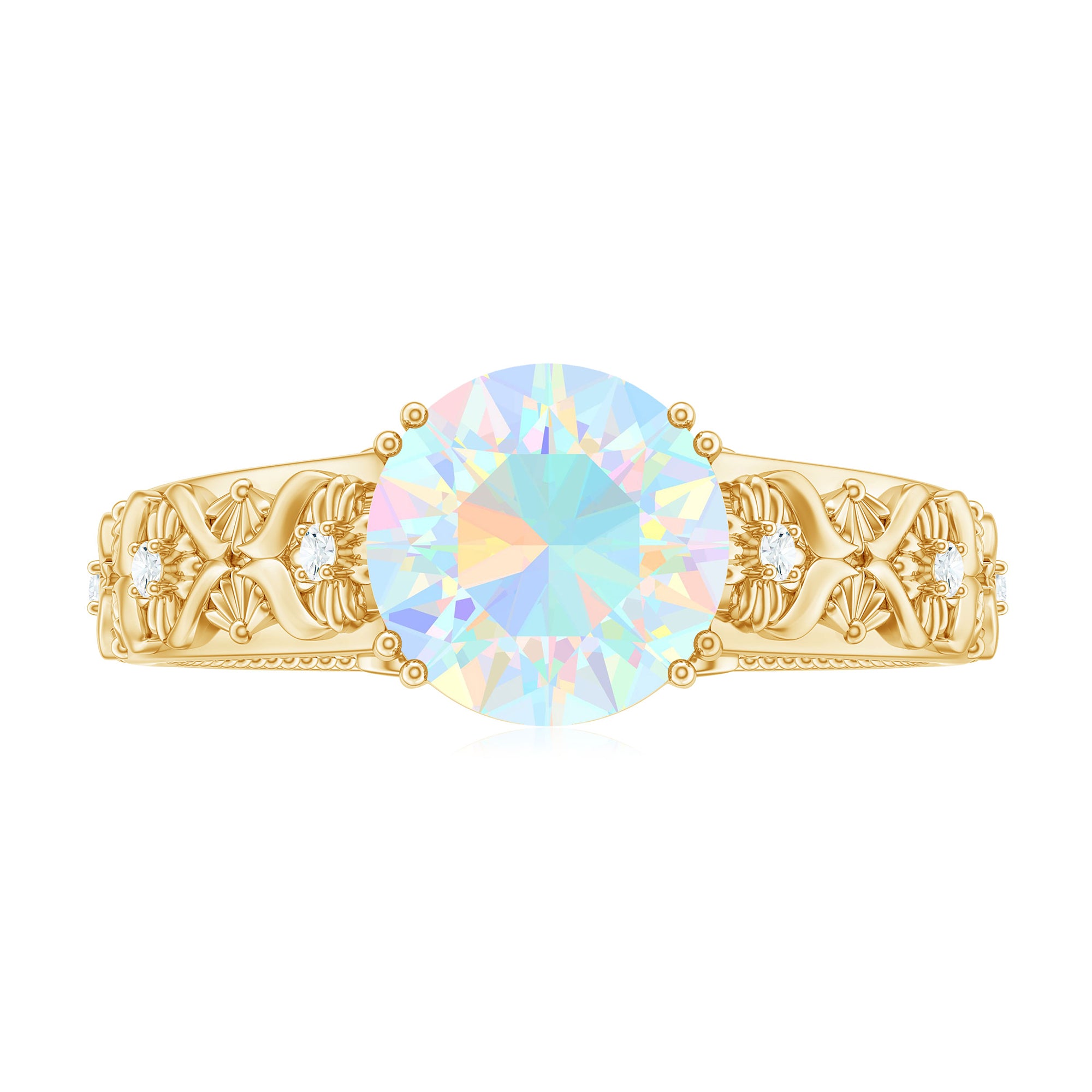 Rosec Jewels-2 CT Vintage Style Solitaire Ethiopian Opal Flower Ring with Diamond