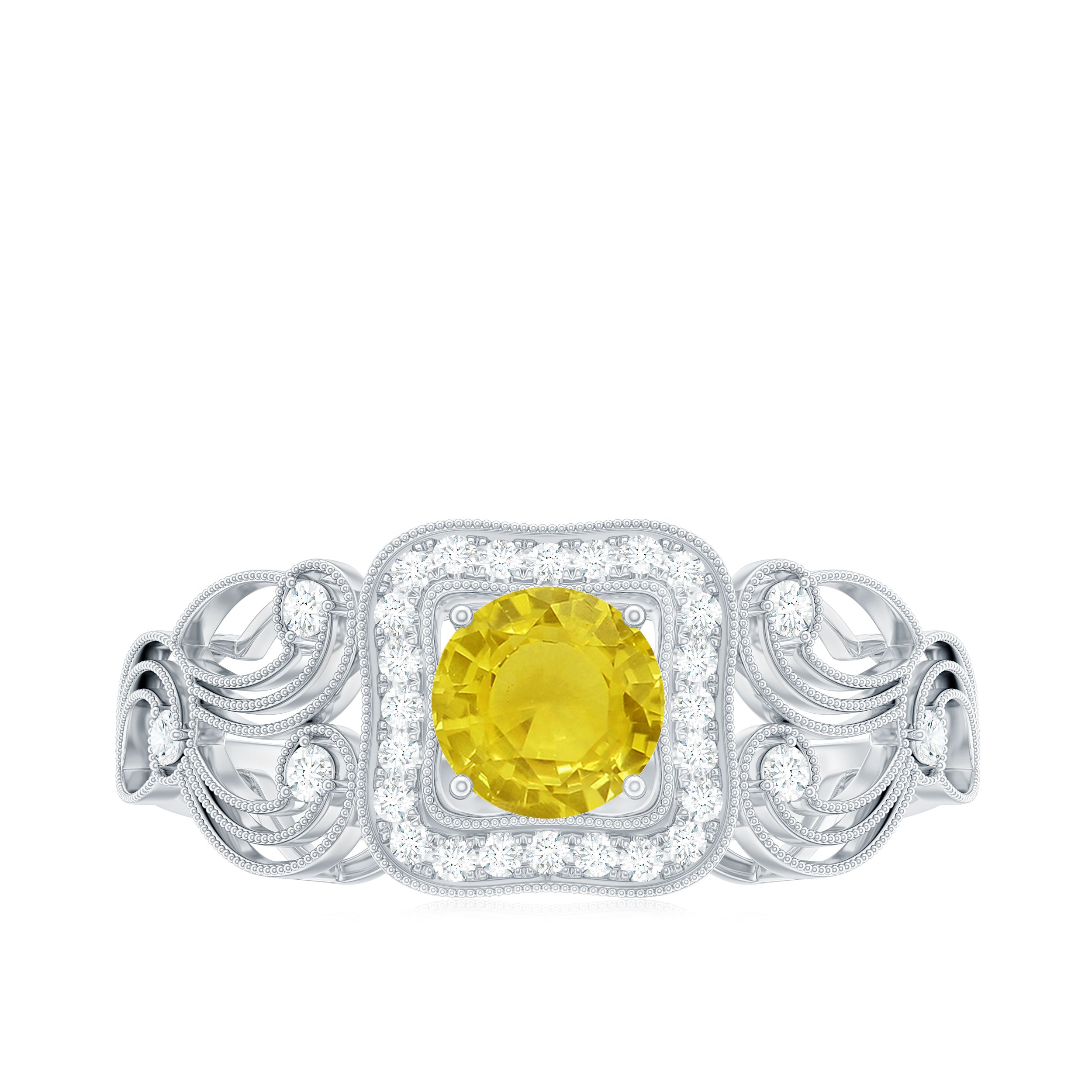 Rosec Jewels-Yellow Sapphire Vintage Engagement Ring with Diamond Halo