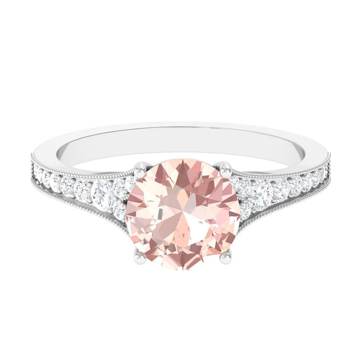 3 CT Round Shape Morganite and Diamond Side Stone Engagement Ring Morganite - ( AAA ) - Quality - Rosec Jewels