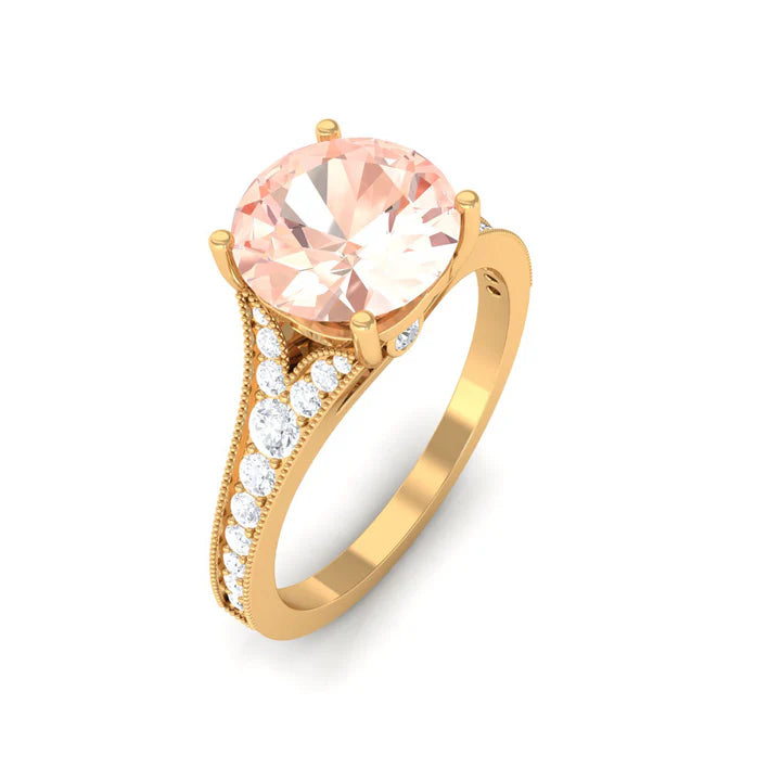 3 CT Round Shape Morganite and Diamond Side Stone Engagement Ring Morganite - ( AAA ) - Quality - Rosec Jewels