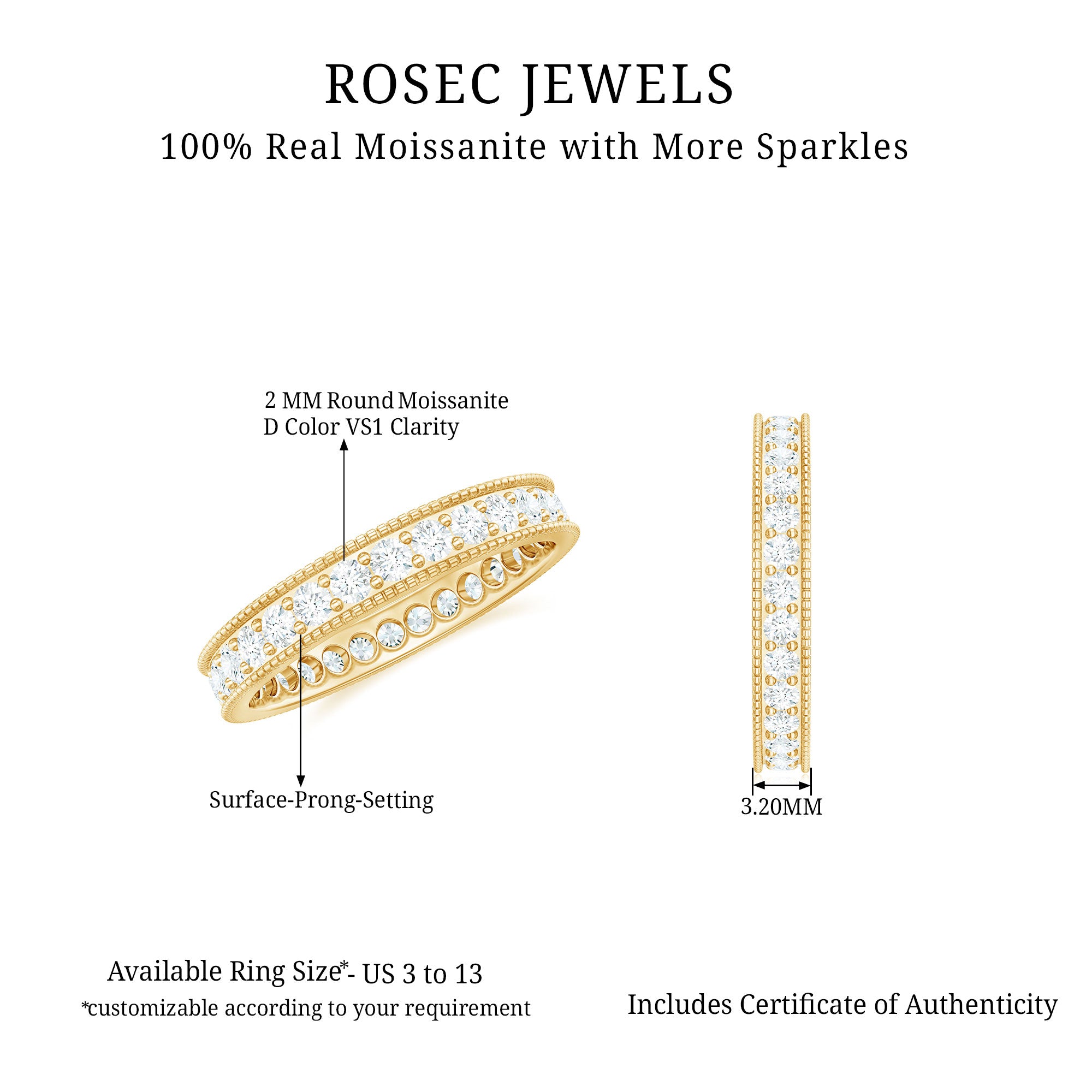 Rosec Jewels-Moissanite Eternity Band Ring with Milgrain Detailing