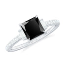 Rosec Jewels-Princess Cut Created Black Diamond Solitaire Ring with Diamond Side Stones