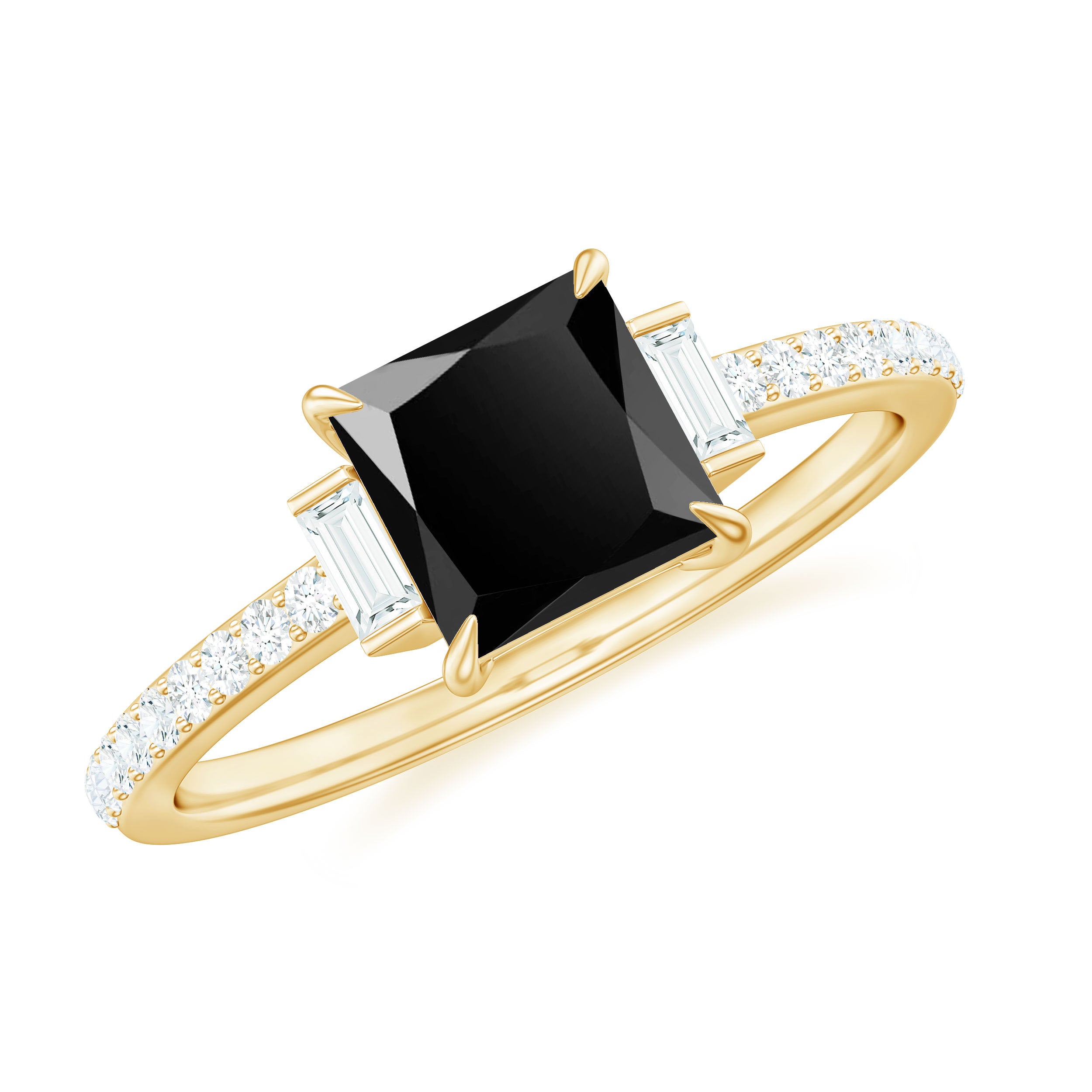 Rosec Jewels-Princess Cut Created Black Diamond Solitaire Ring with Diamond Side Stones