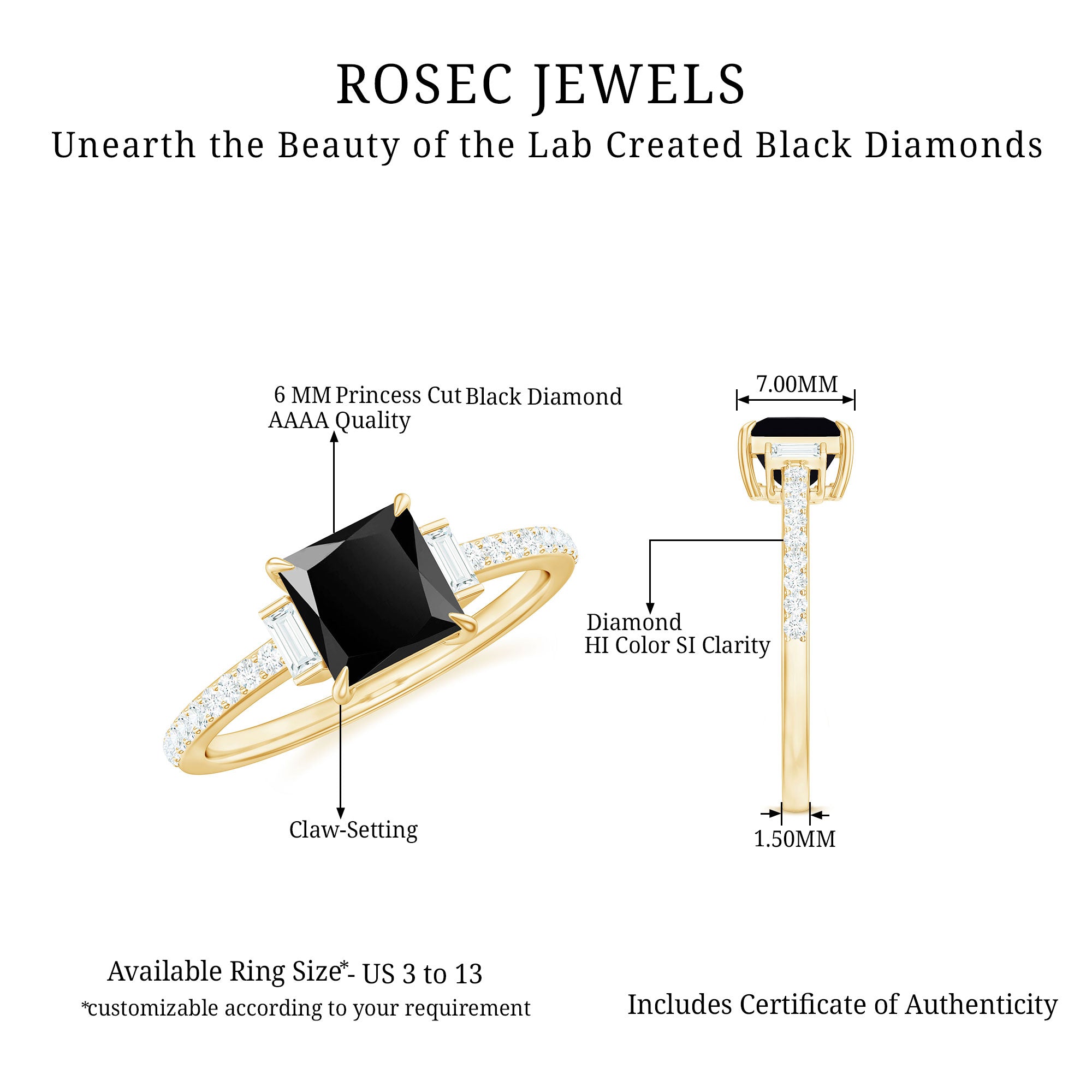 Rosec Jewels-Princess Cut Created Black Diamond Solitaire Ring with Diamond Side Stones