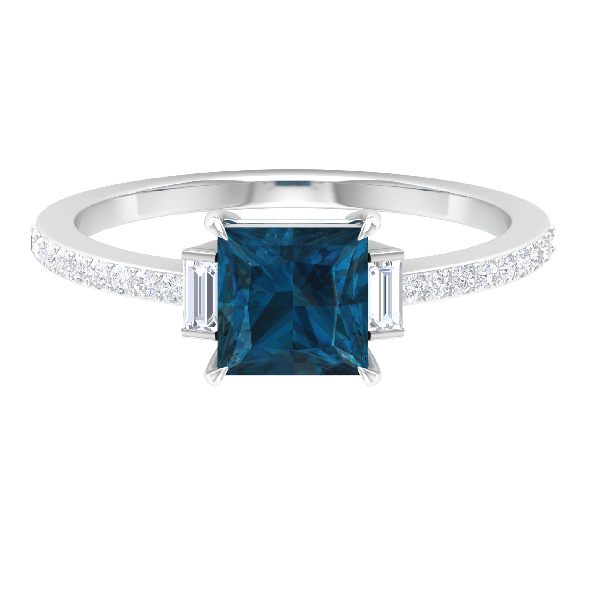 Rosec Jewels-1.50 CT Princess Cut London Blue Topaz Promise Ring with Round and Baguette Diamond Side Stones