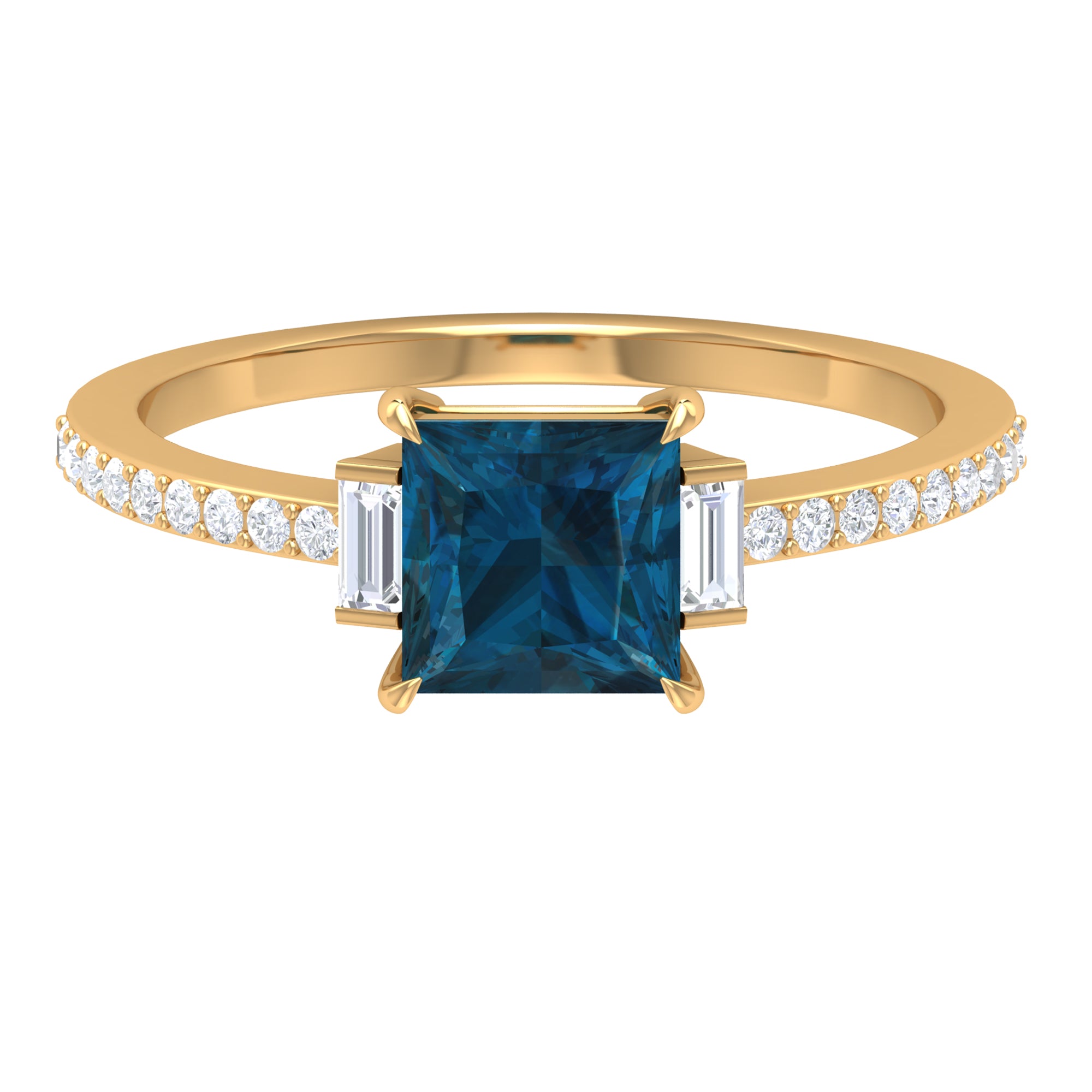 Rosec Jewels-1.50 CT Princess Cut London Blue Topaz Promise Ring with Round and Baguette Diamond Side Stones