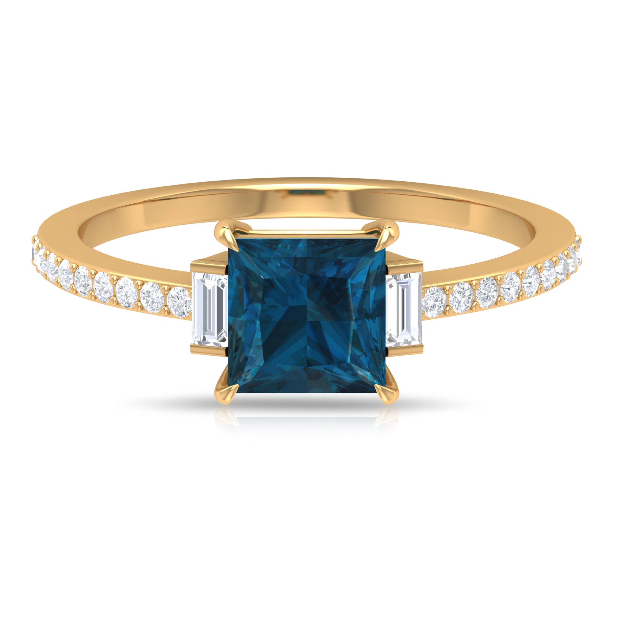 Rosec Jewels-1.50 CT Princess Cut London Blue Topaz Promise Ring with Round and Baguette Diamond Side Stones