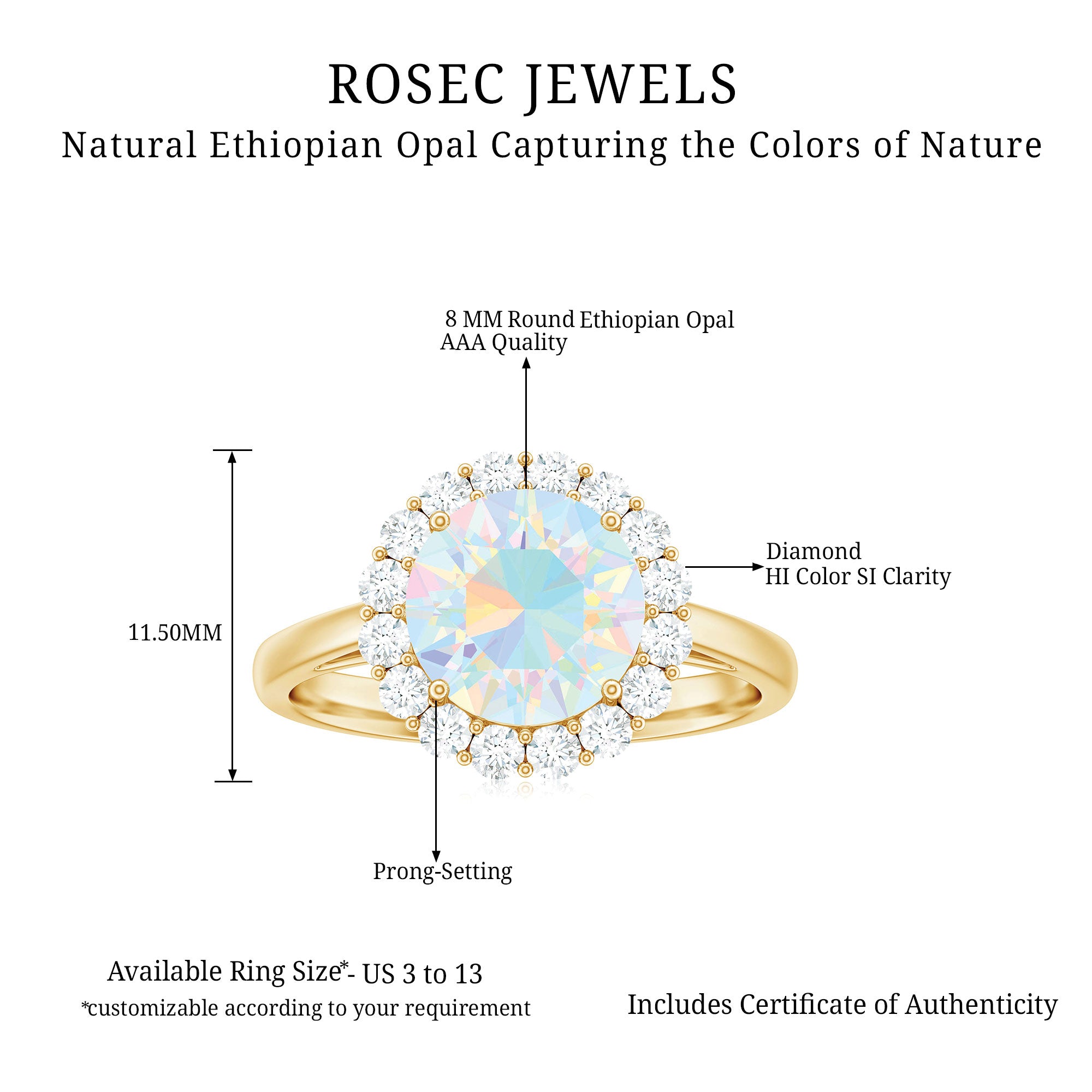 Rosec Jewels-2.50 CT Round Shape Ethiopian Opal and Diamond Engagement Ring