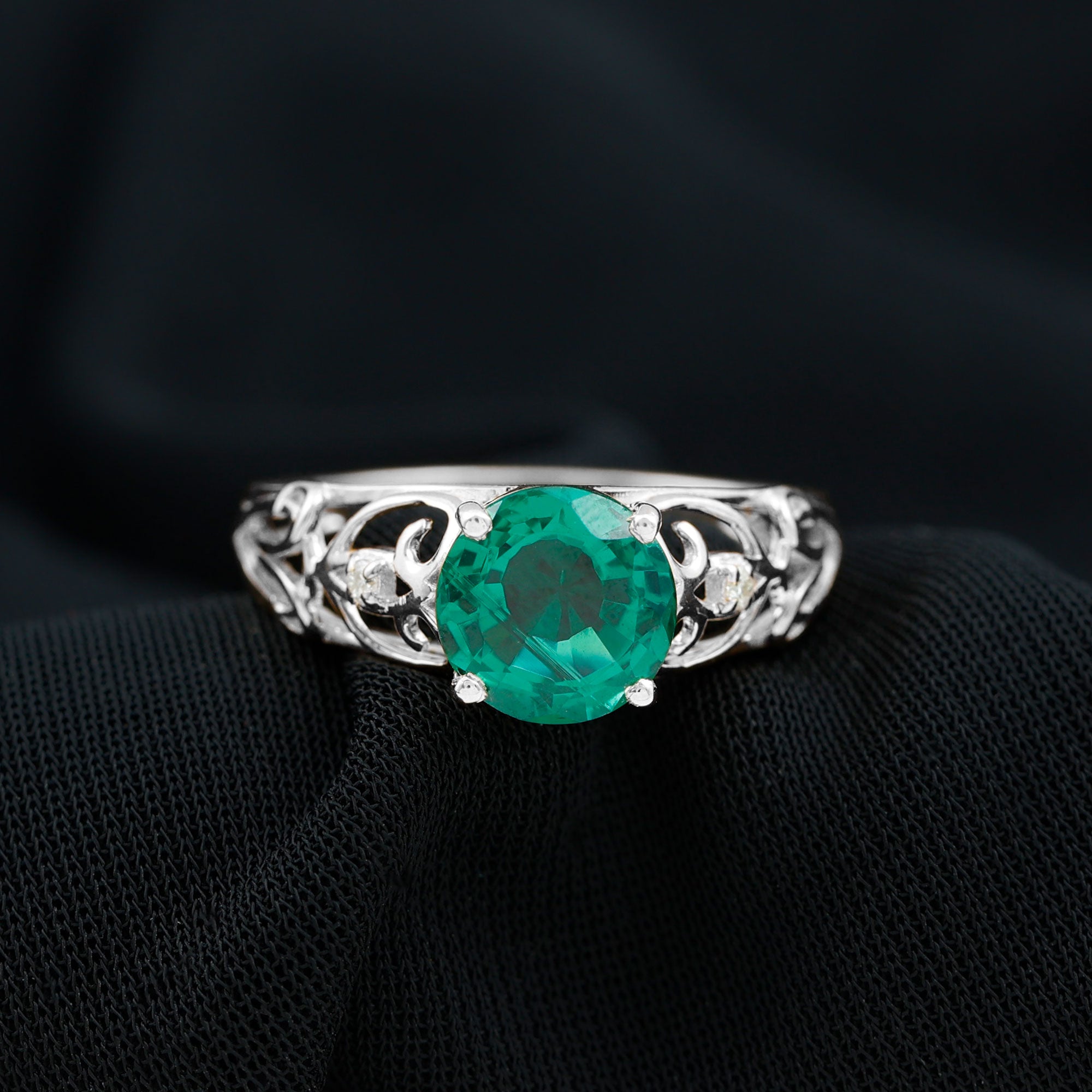 Rosec Jewels-Antique Style Lab Grown Emerald and Diamond Solitaire Ring