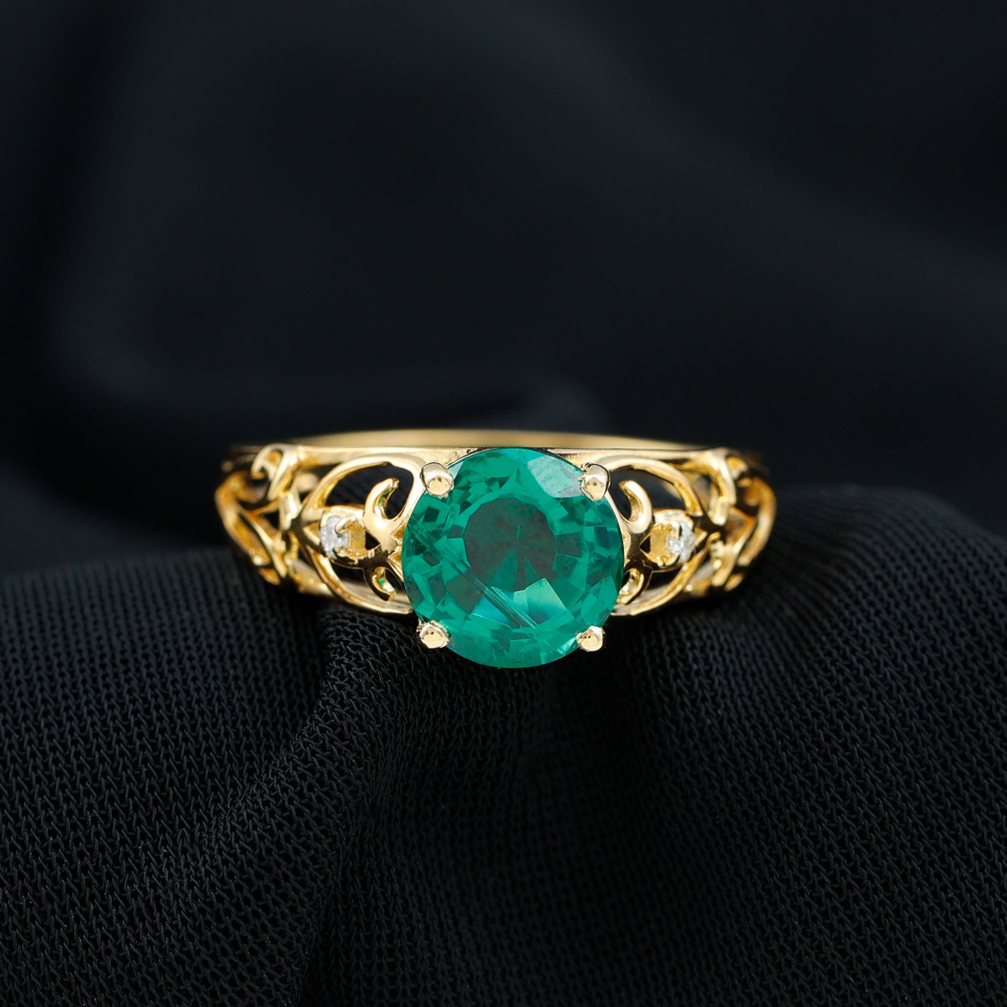 Rosec Jewels-Antique Style Lab Grown Emerald and Diamond Solitaire Ring