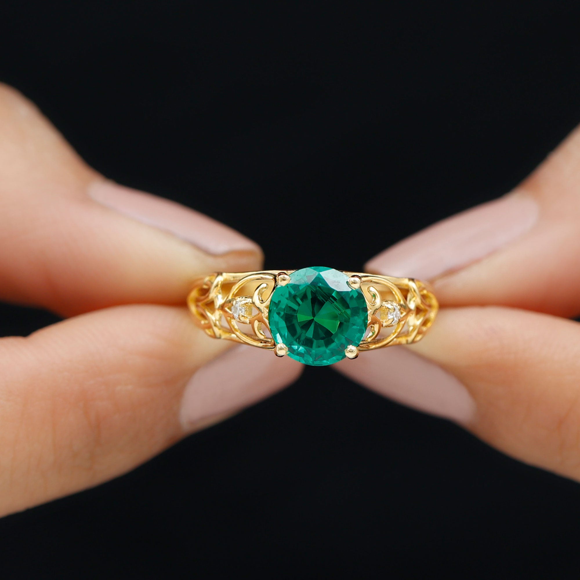 Rosec Jewels-Antique Style Lab Grown Emerald and Diamond Solitaire Ring