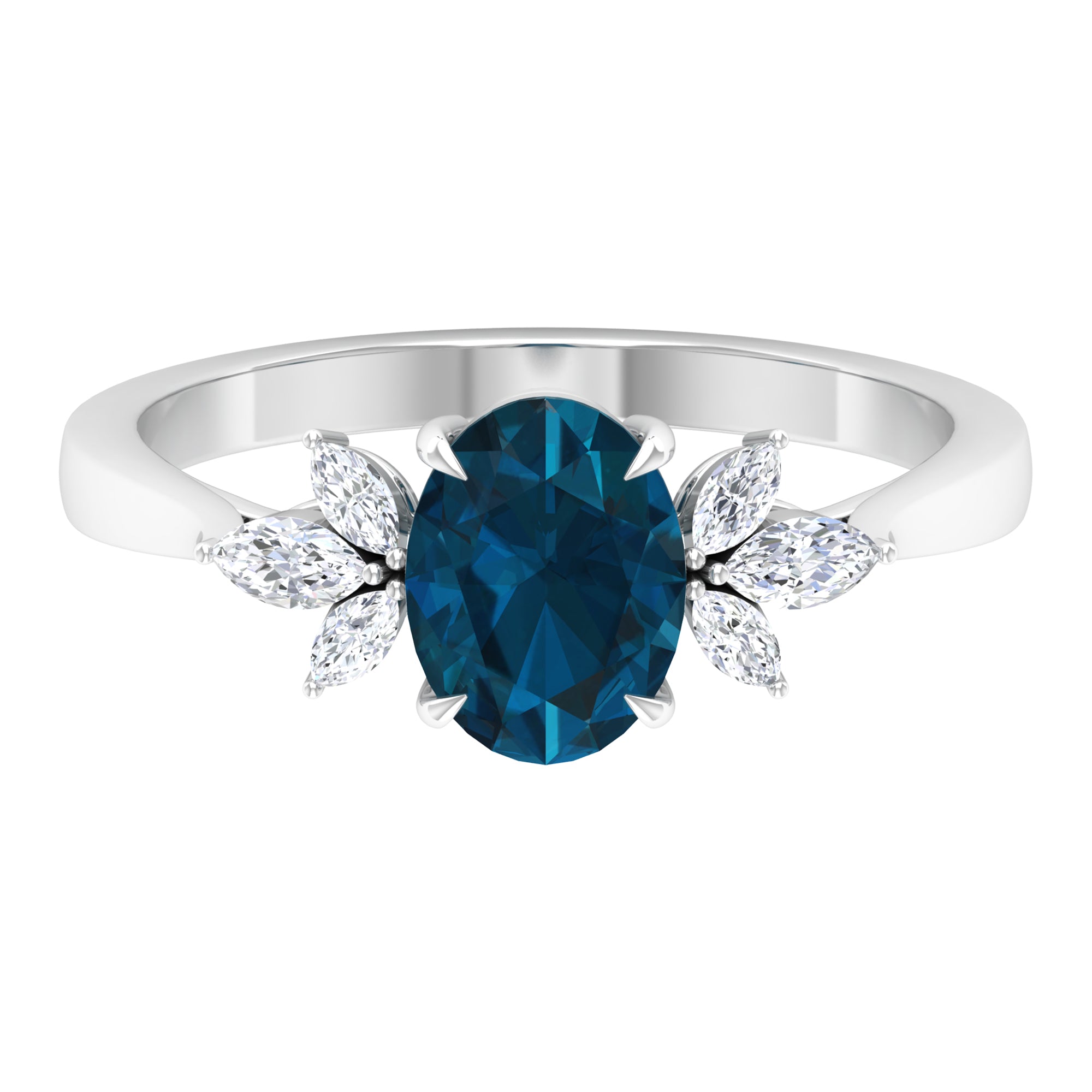 Rosec Jewels-Claw Set London Blue Topaz Solitaire Ring with Marquise Diamond Trio