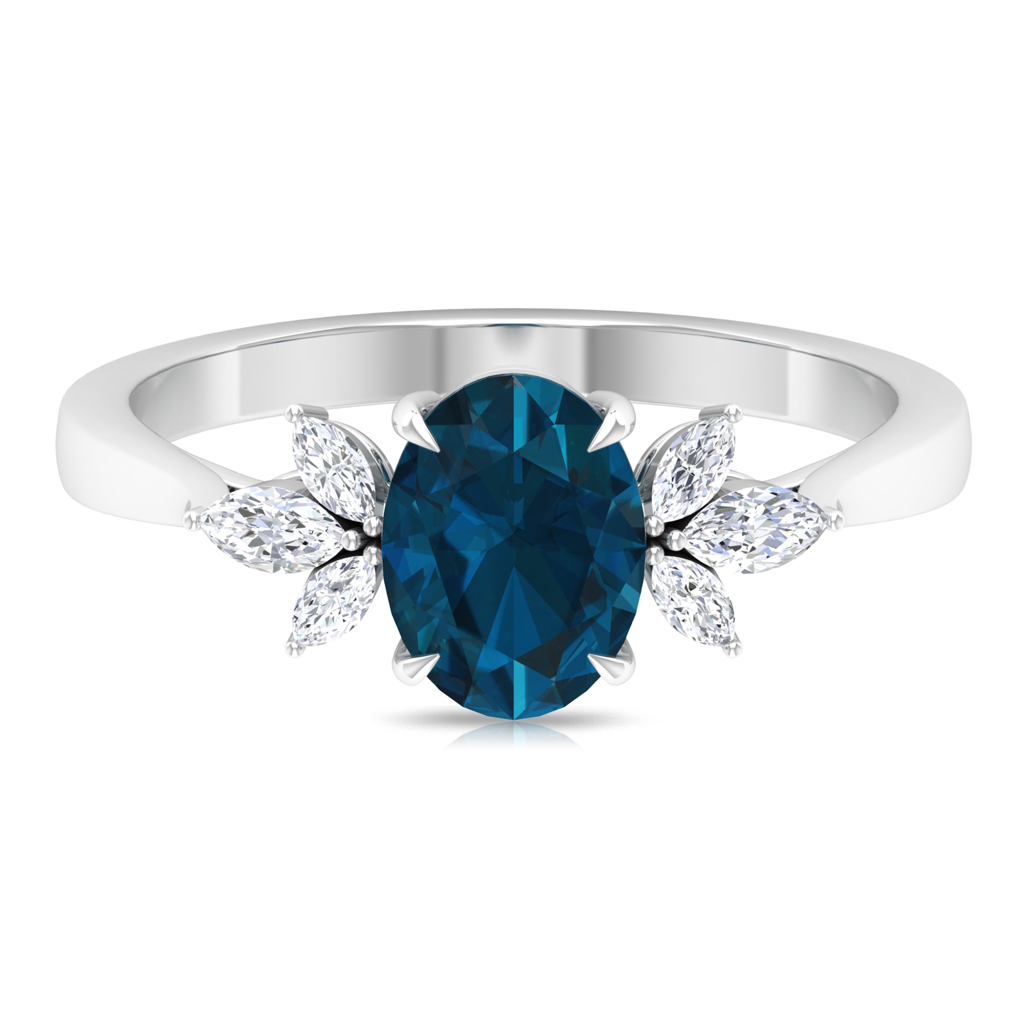 Rosec Jewels-Claw Set London Blue Topaz Solitaire Ring with Marquise Diamond Trio