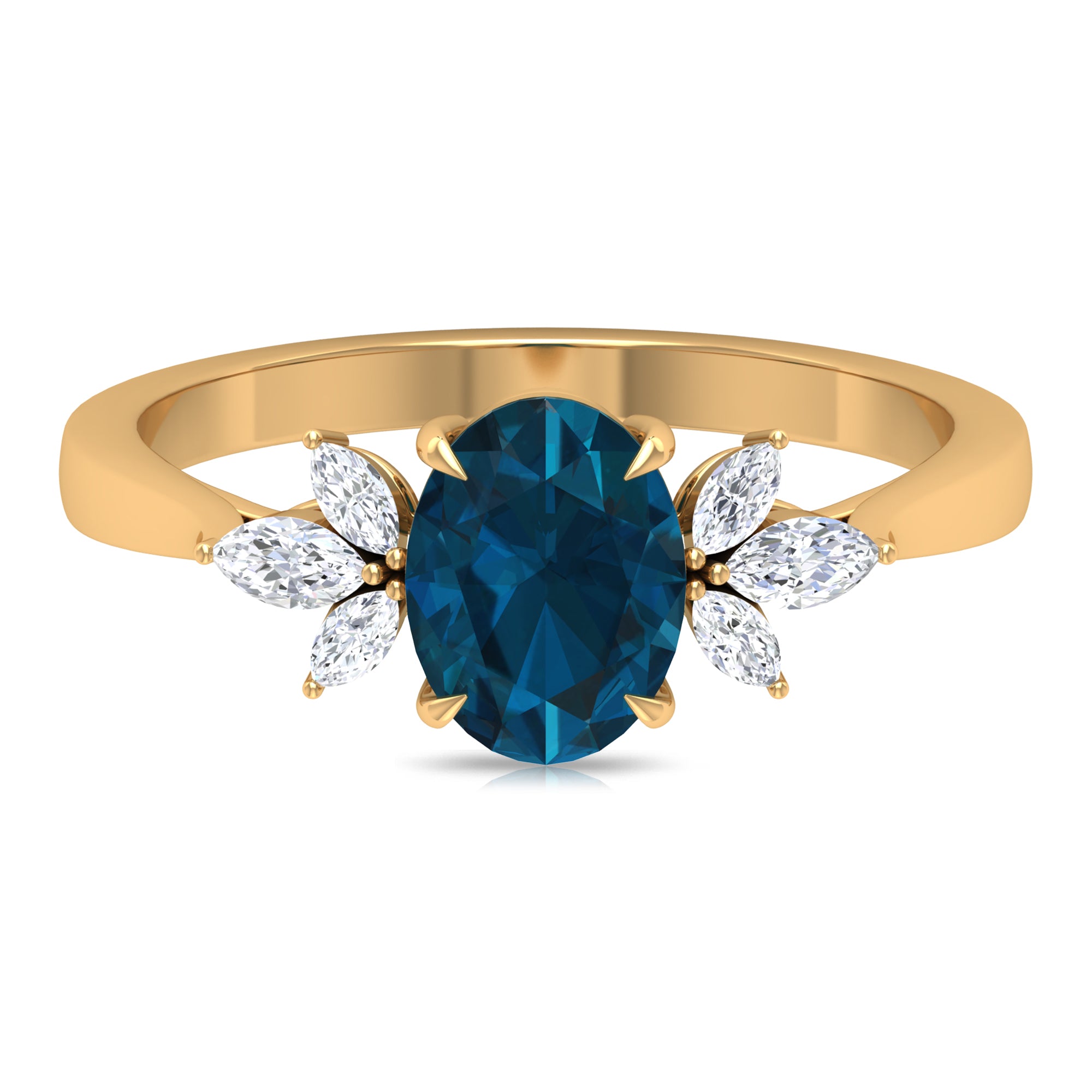 Rosec Jewels-Claw Set London Blue Topaz Solitaire Ring with Marquise Diamond Trio