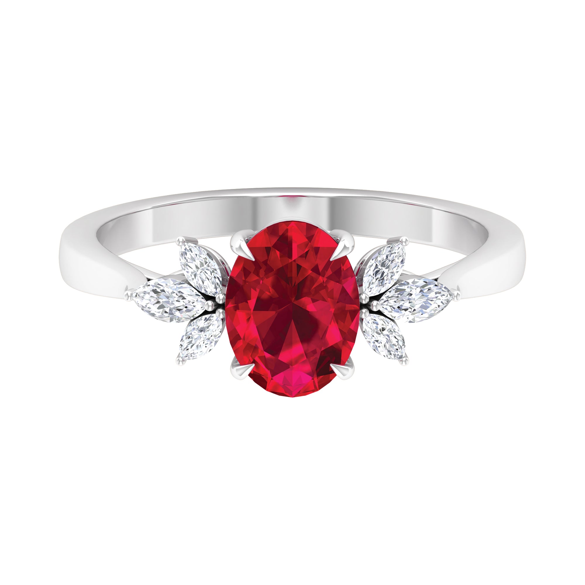 Rosec Jewels-Claw Set Oval Created Ruby Solitaire Ring with Marquise Diamond Trio