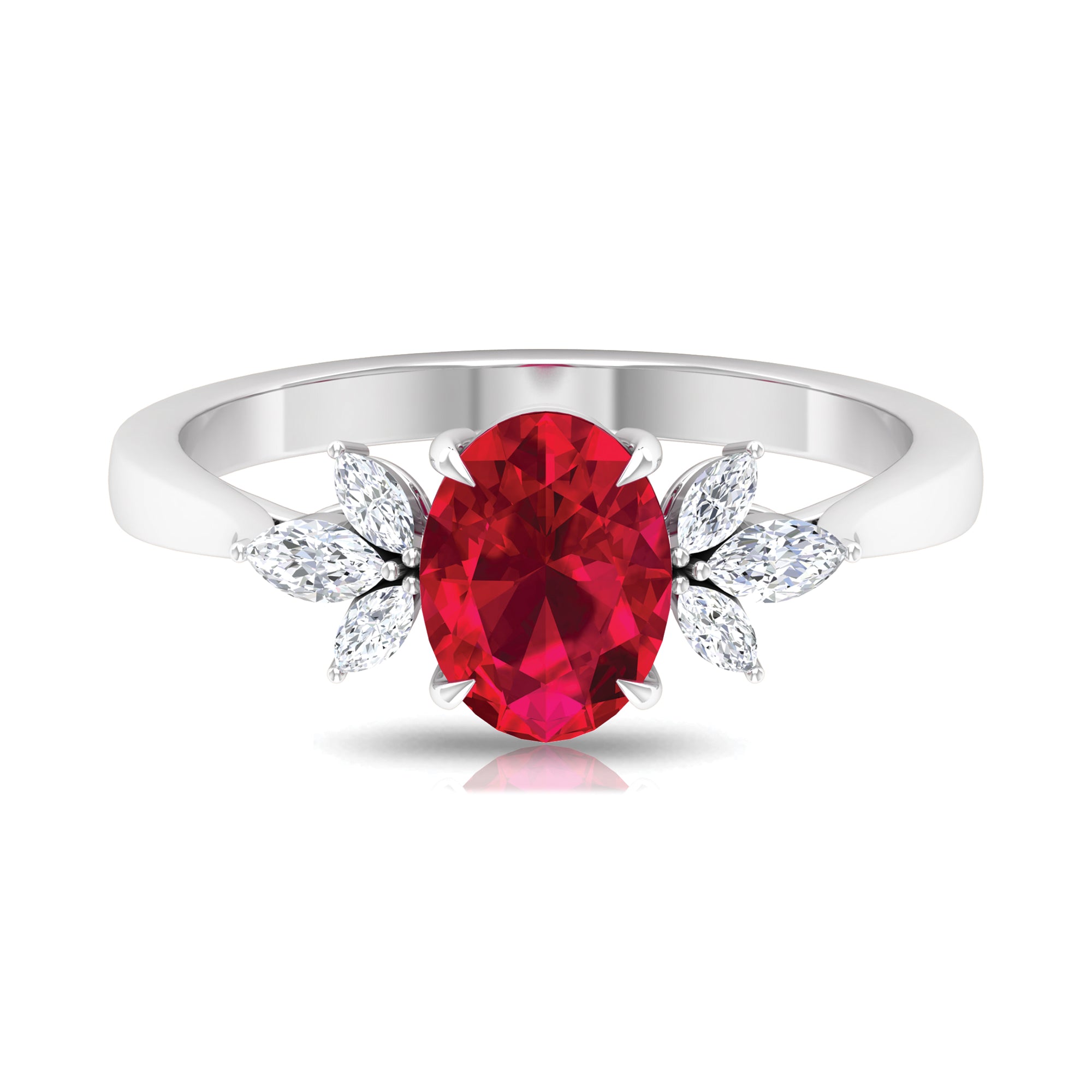 Rosec Jewels-Claw Set Oval Created Ruby Solitaire Ring with Marquise Diamond Trio