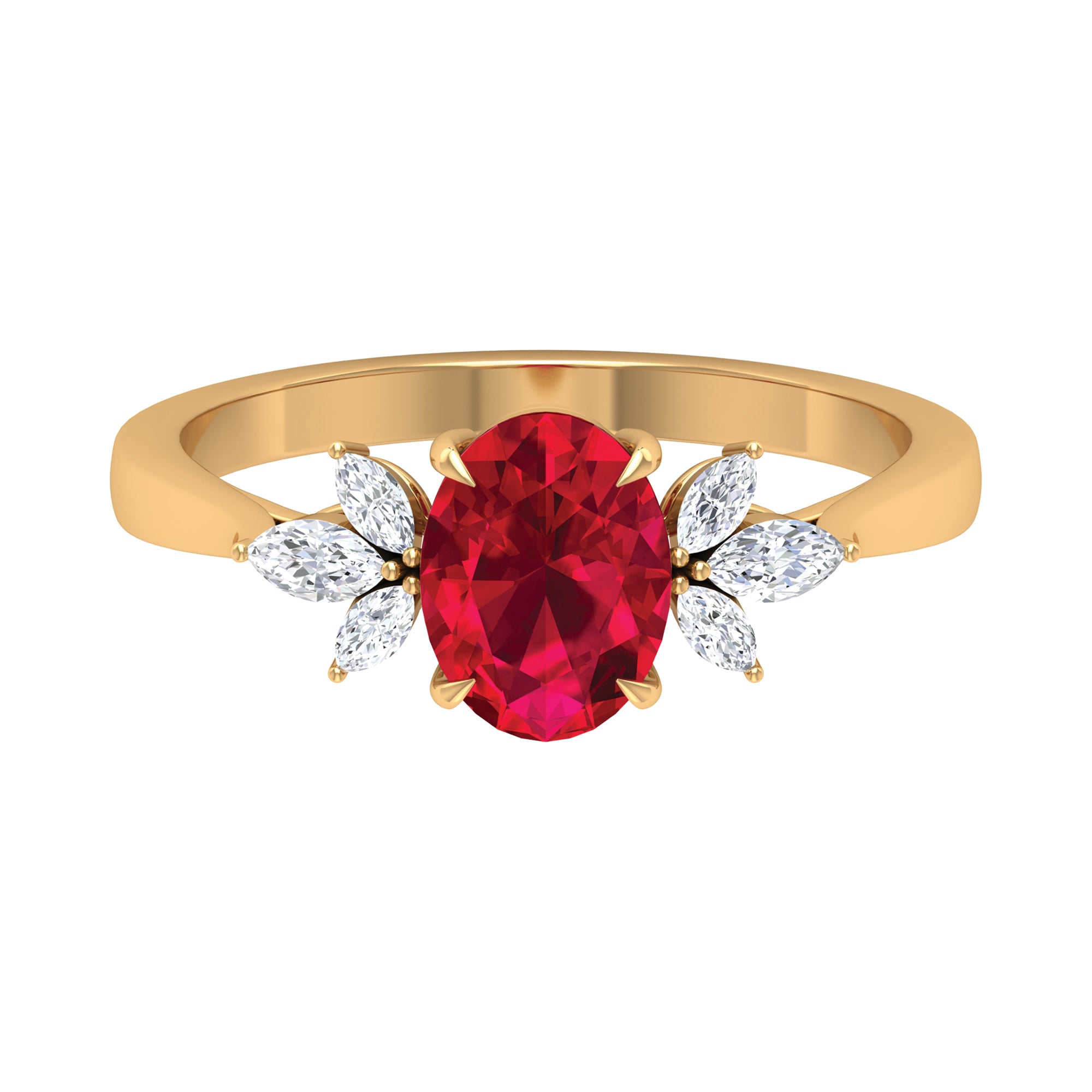 Rosec Jewels-Claw Set Oval Created Ruby Solitaire Ring with Marquise Diamond Trio