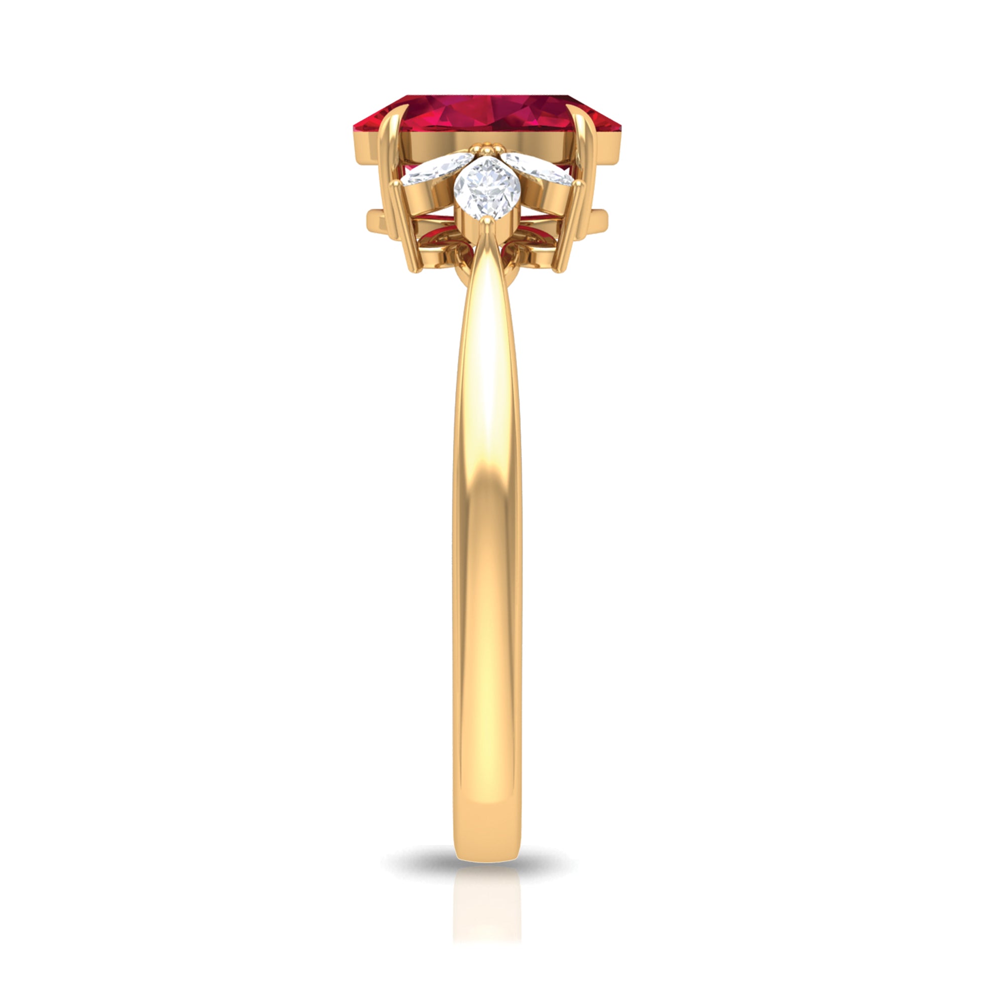 Rosec Jewels-Claw Set Oval Created Ruby Solitaire Ring with Marquise Diamond Trio