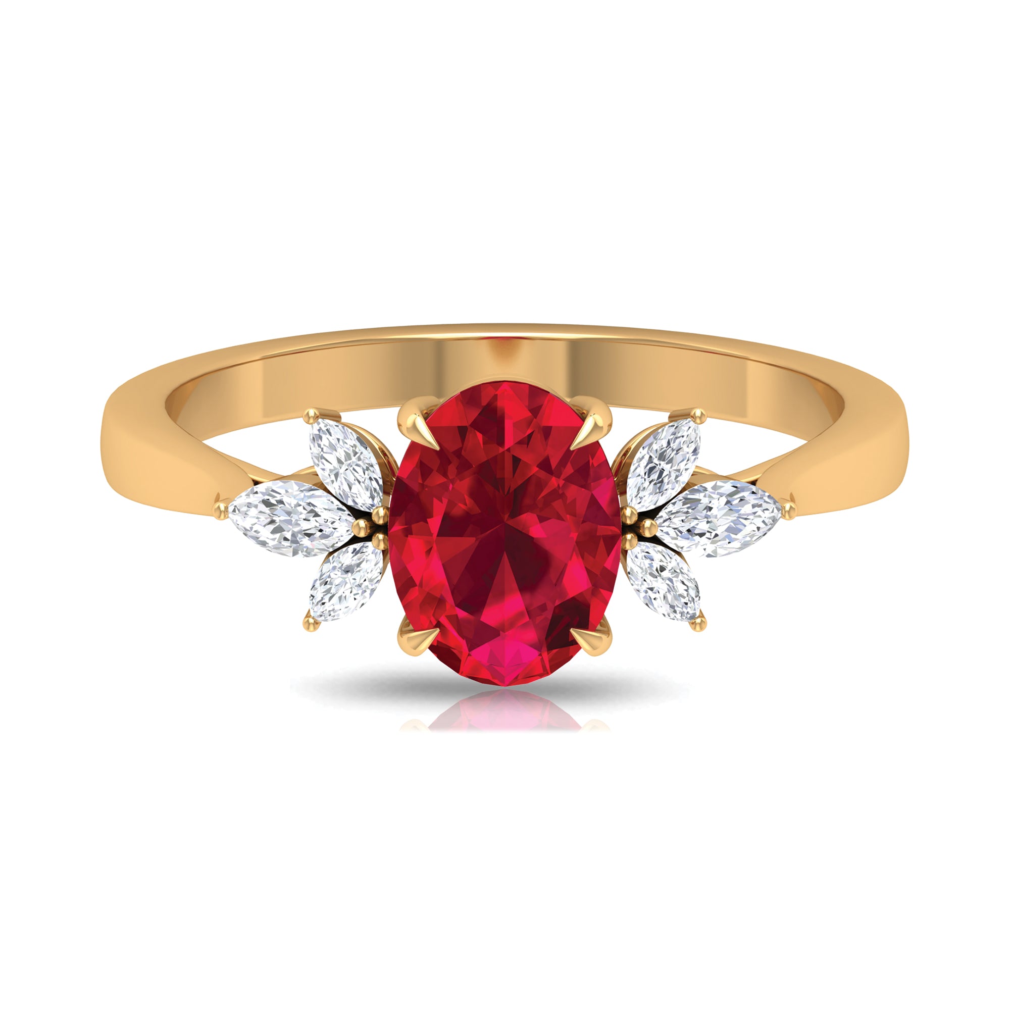 Rosec Jewels-Claw Set Oval Created Ruby Solitaire Ring with Marquise Diamond Trio