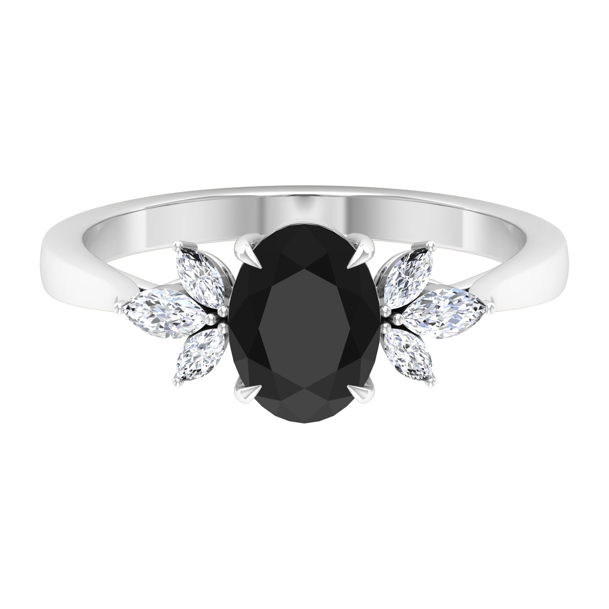 Rosec Jewels-Claw Set Black Spinel Solitaire Ring with Marquise Diamond Trio