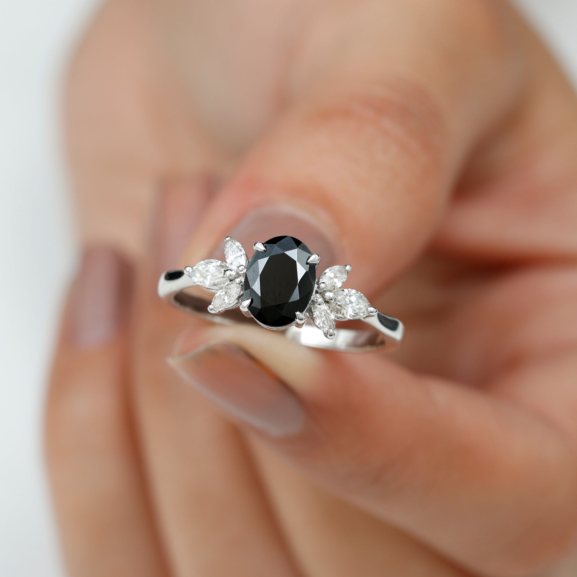 Rosec Jewels-Claw Set Black Spinel Solitaire Ring with Marquise Diamond Trio