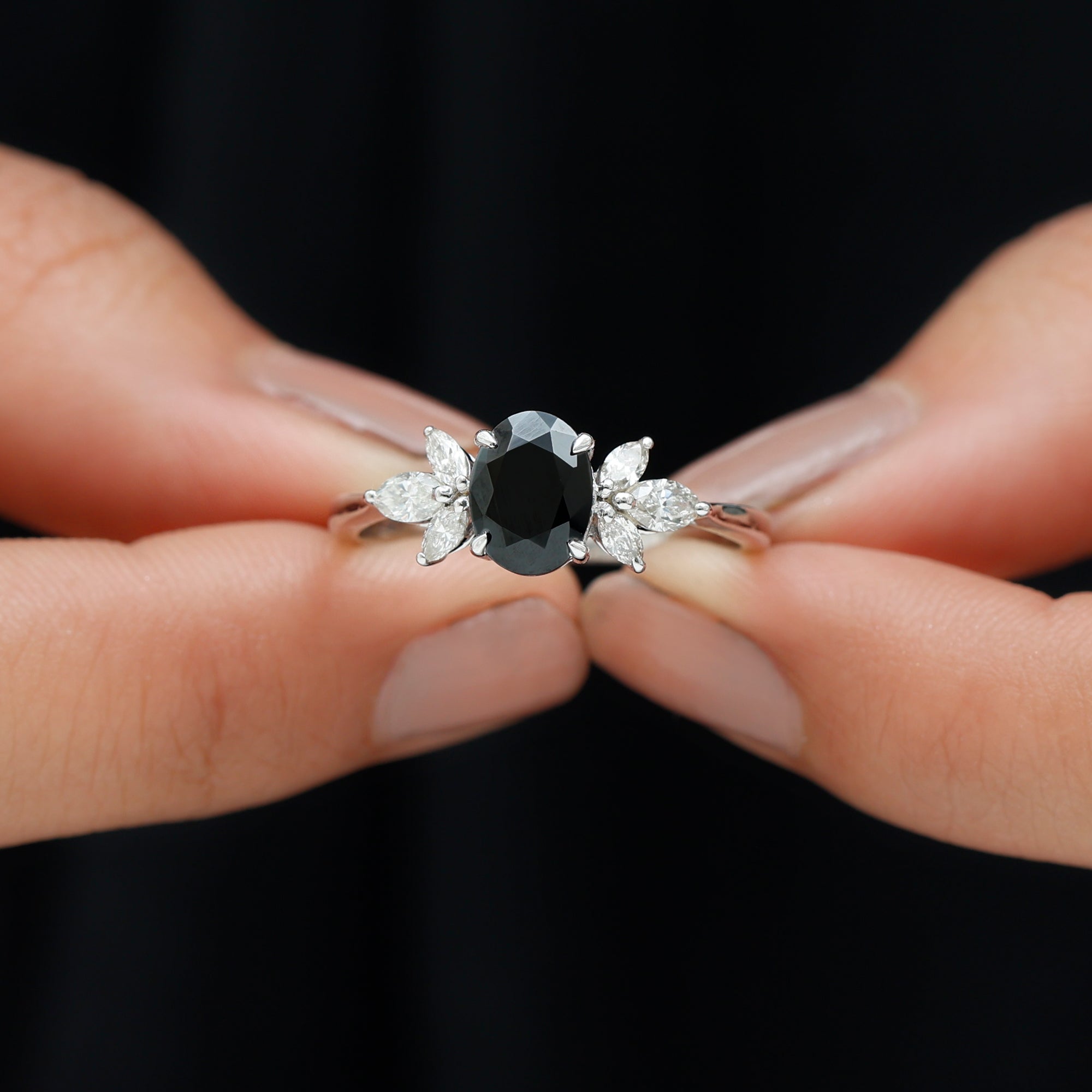 Rosec Jewels-Claw Set Black Spinel Solitaire Ring with Marquise Diamond Trio