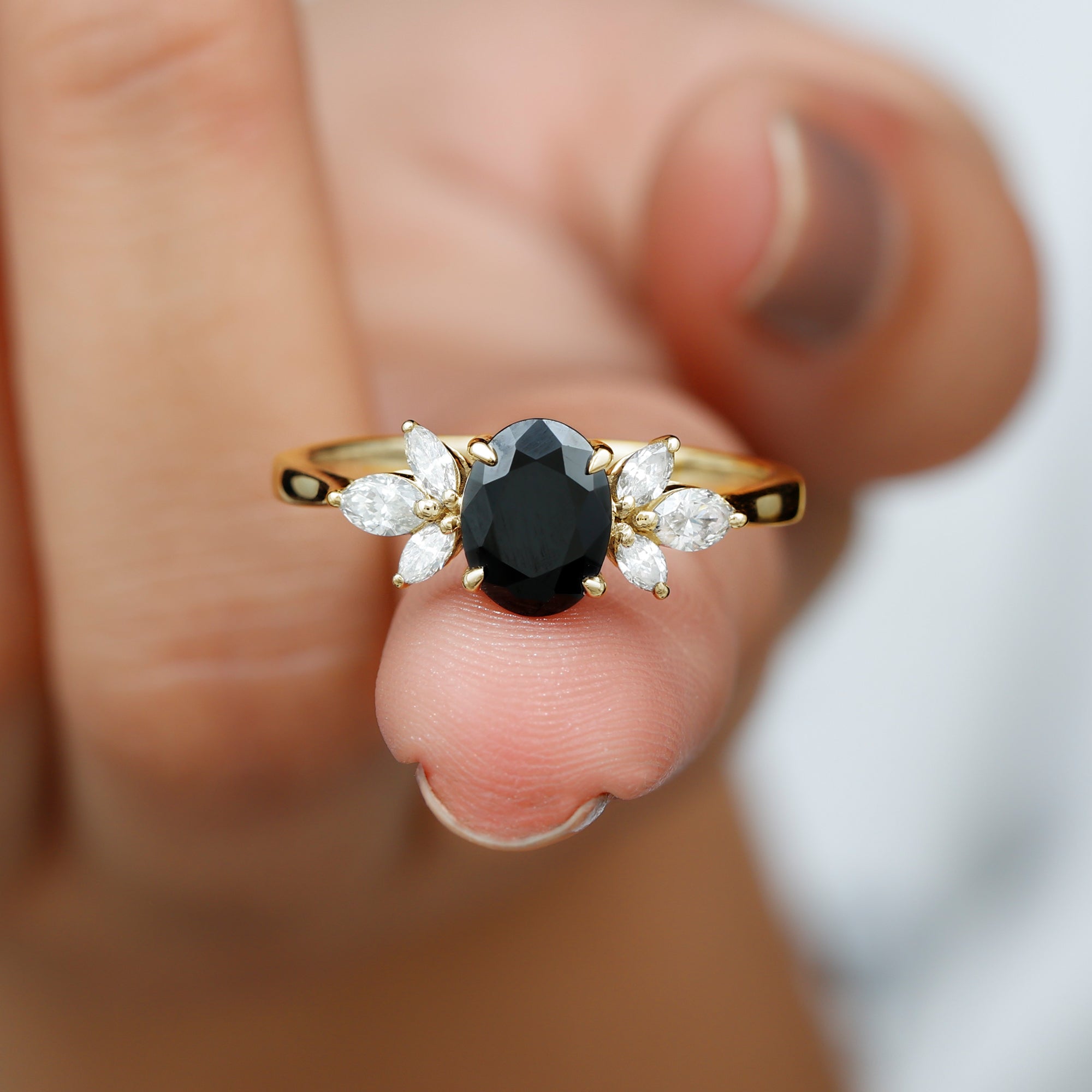 Rosec Jewels-Claw Set Black Spinel Solitaire Ring with Marquise Diamond Trio