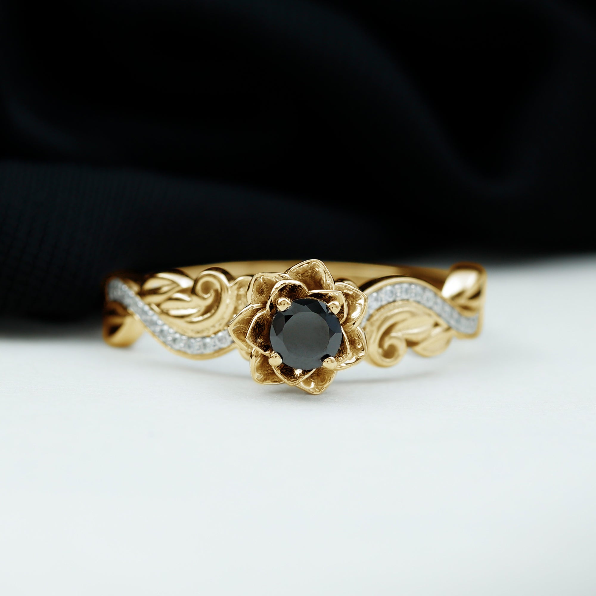 Rosec Jewels-Flower Inspired Black Diamond and Diamond Engagement Ring