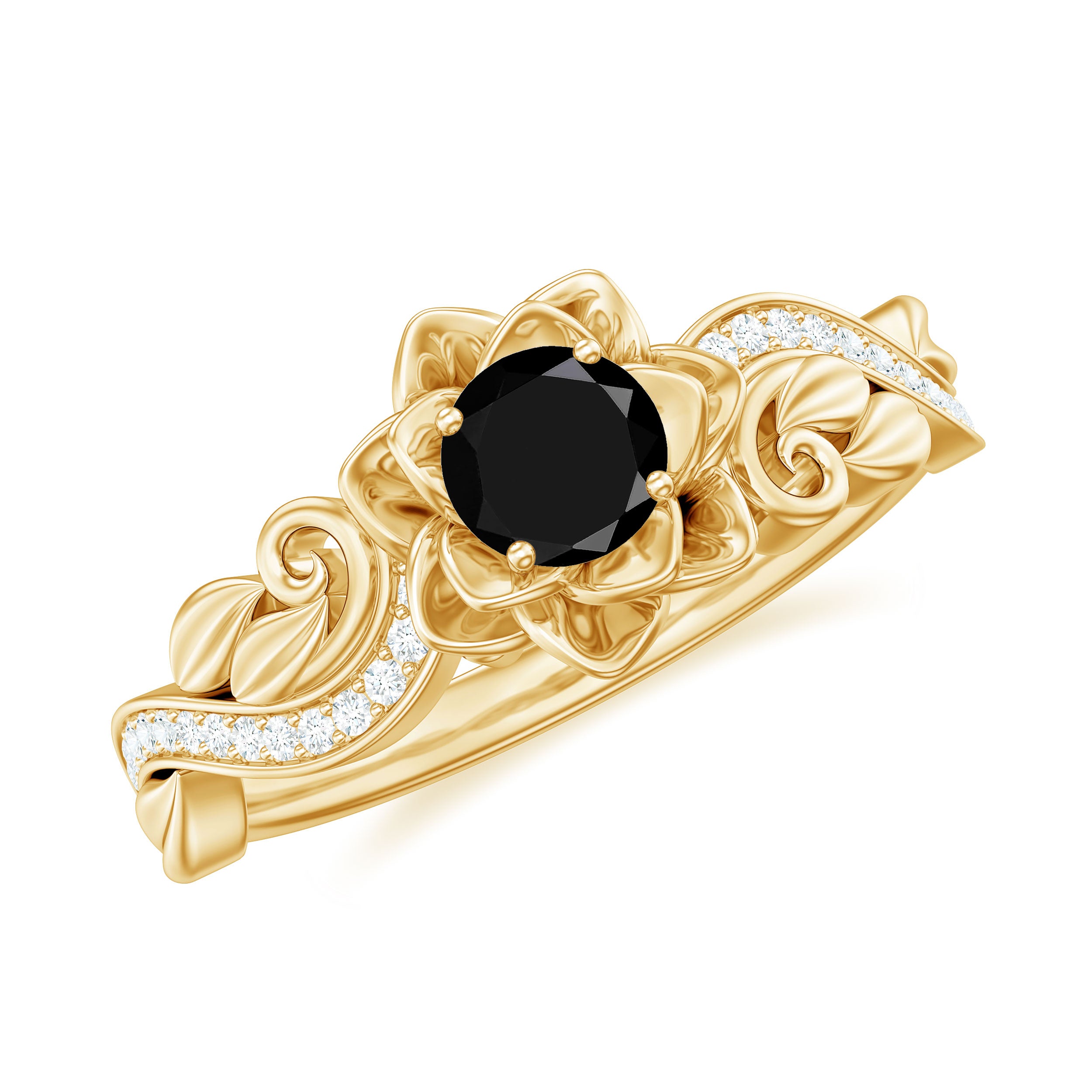 Rosec Jewels-Flower Inspired Created Black Diamond and Diamond Engagement Ring