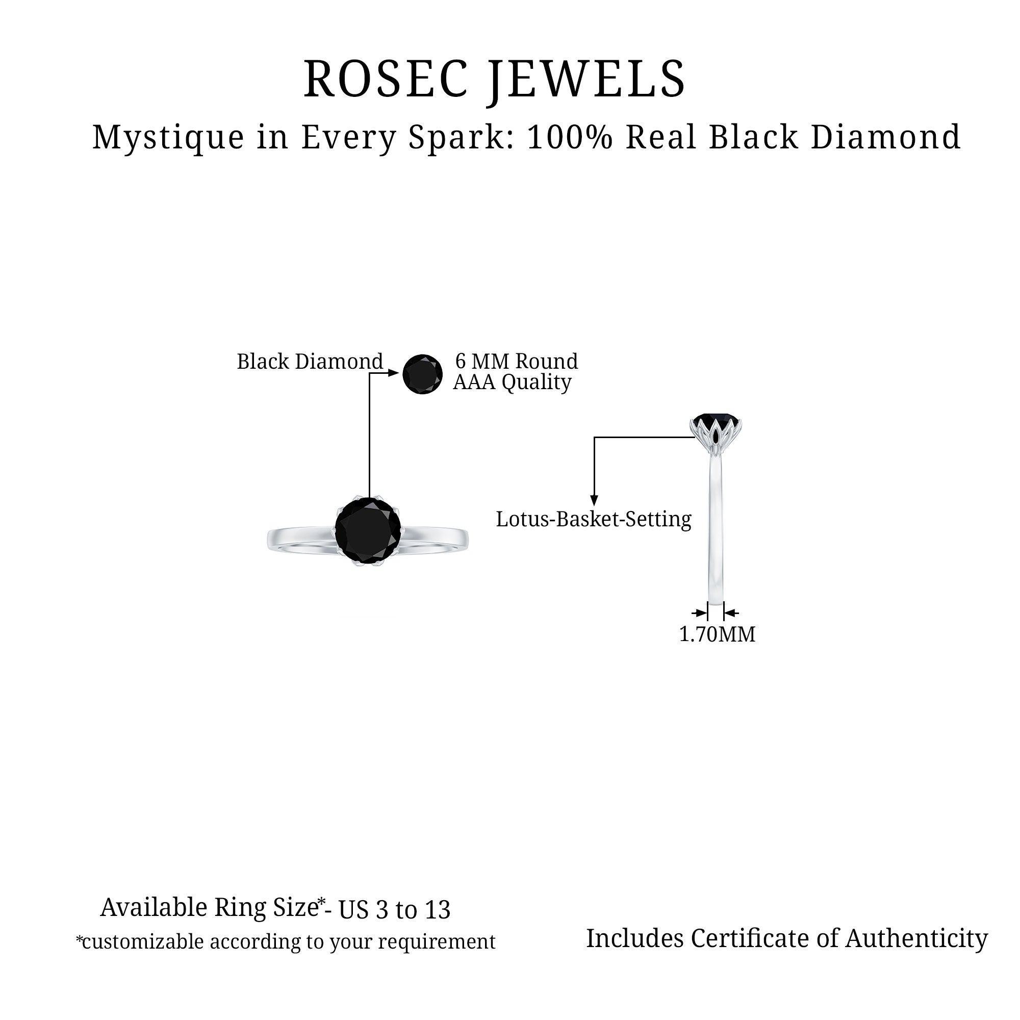 Rosec Jewels-1 CT Real Black Diamond Solitaire Ring in Lotus Basket Setting