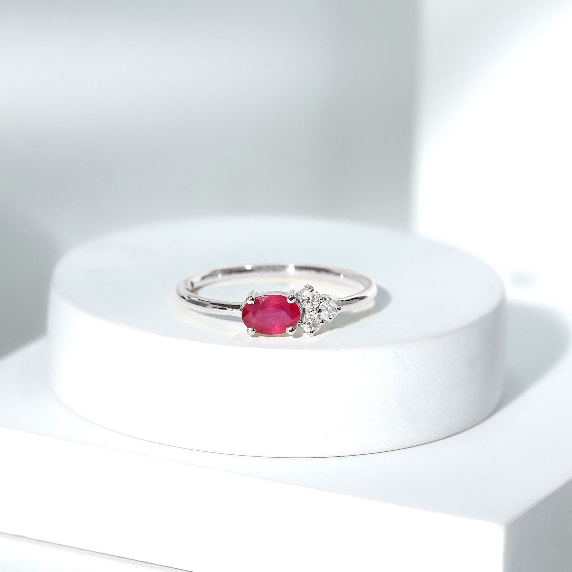 Rosec Jewels-Oval Cut Ruby Promise Ring with Diamond Trio