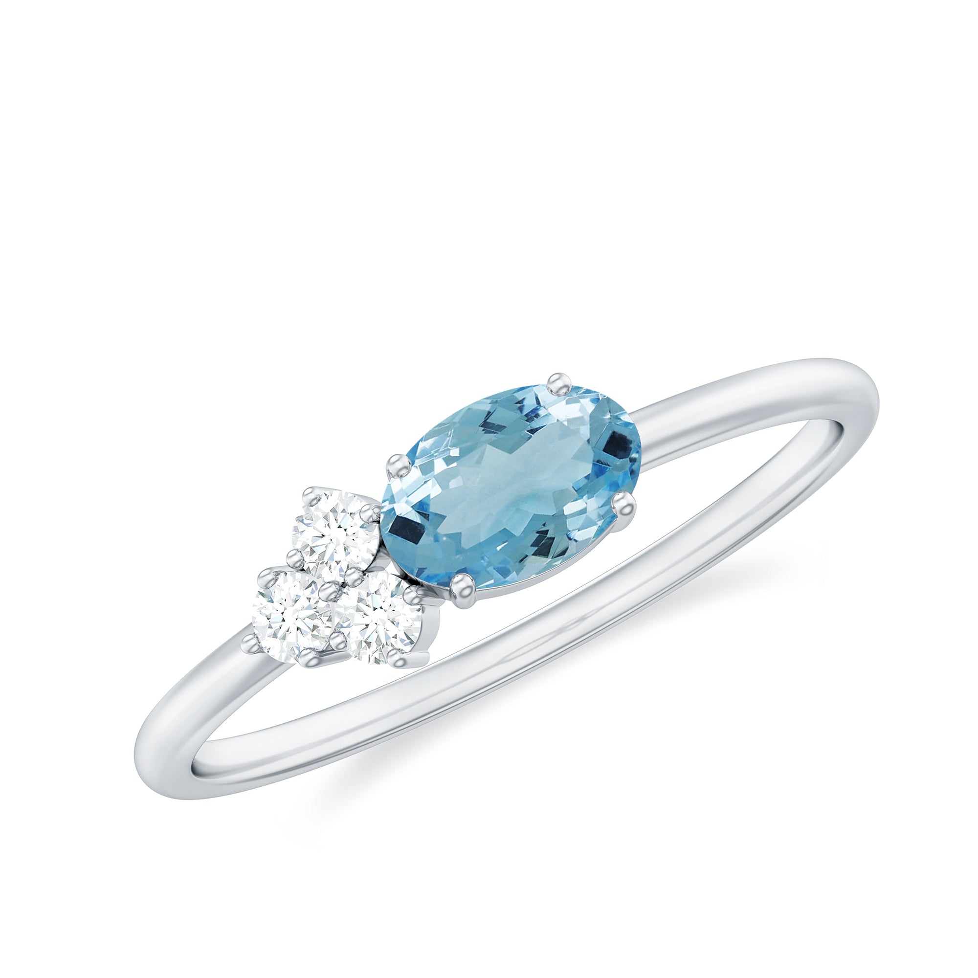 Rosec Jewels-1/2 CT Oval Cut Aquamarine Promise Ring with Diamond Trio