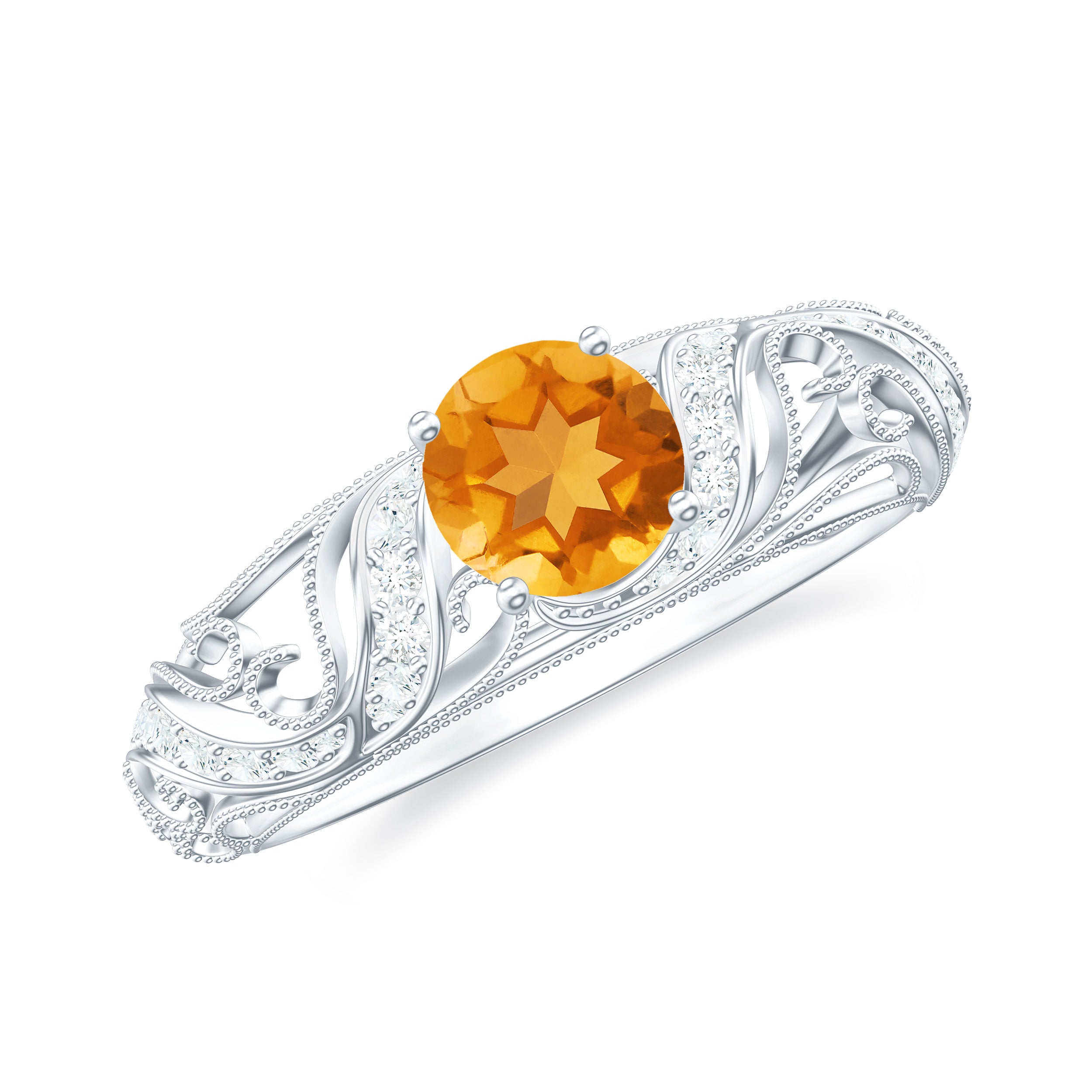 Rosec Jewels-Round Citrine Vintage Inspired Engagement Ring with Diamond