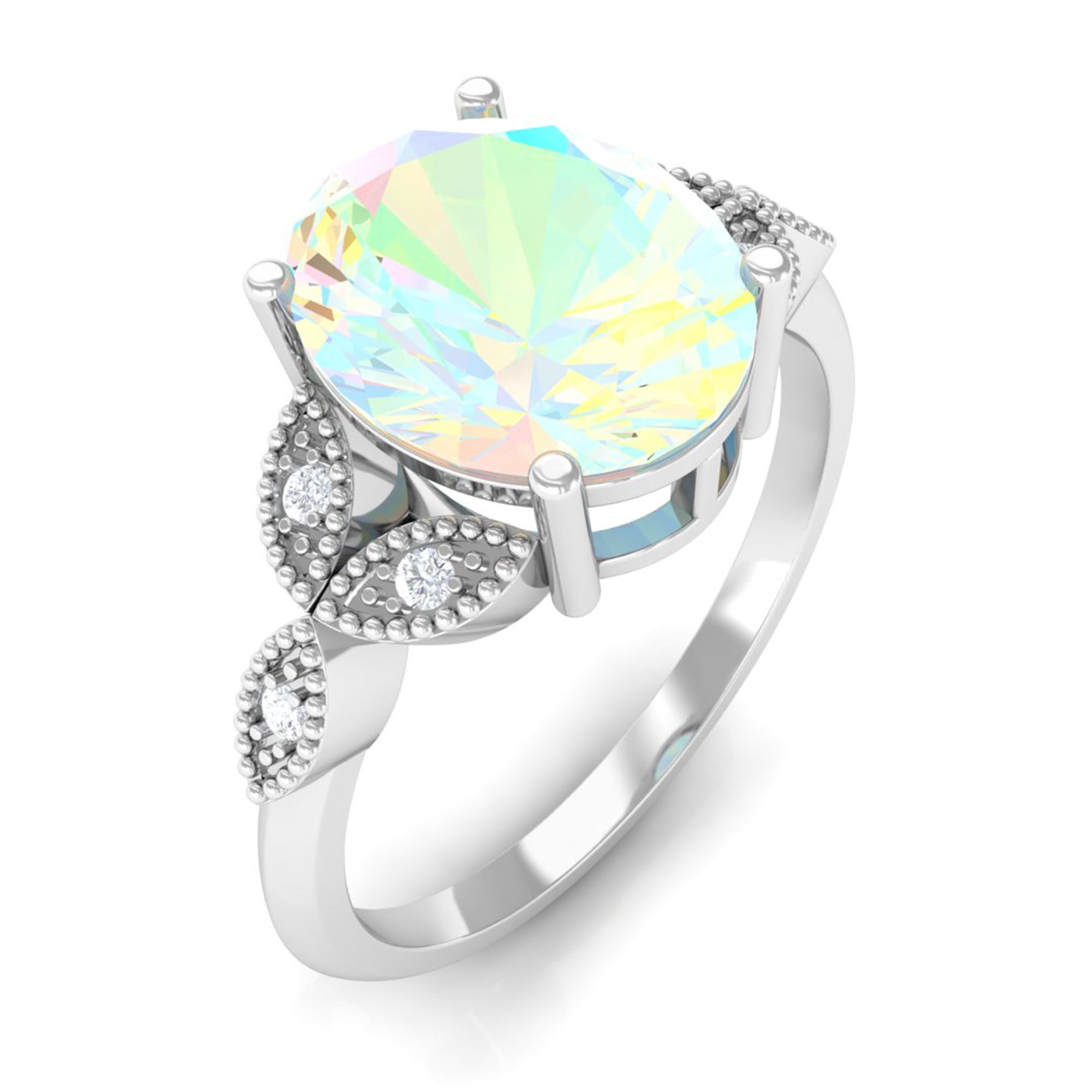 Rosec Jewels-Vintage Inspired Oval Opal Engagement Ring with Diamond