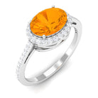 Rosec Jewels-Oval Cut Fire Opal East West Engagement Ring with Diamond Halo