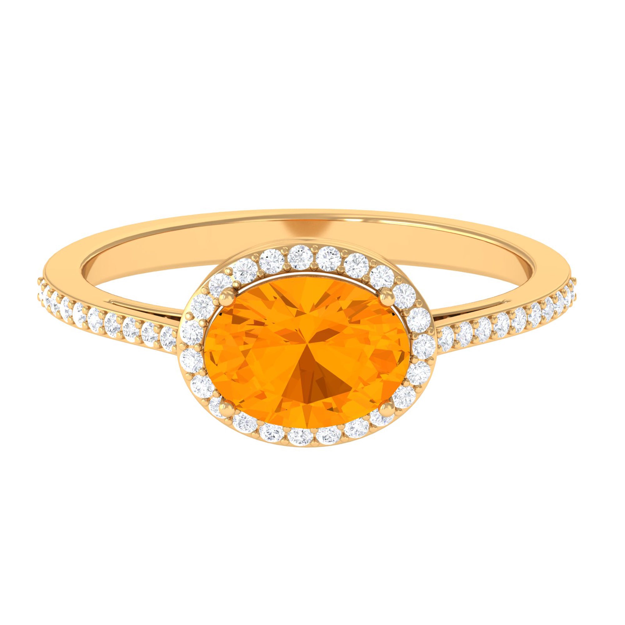 Rosec Jewels-Oval Cut Fire Opal East West Engagement Ring with Diamond Halo