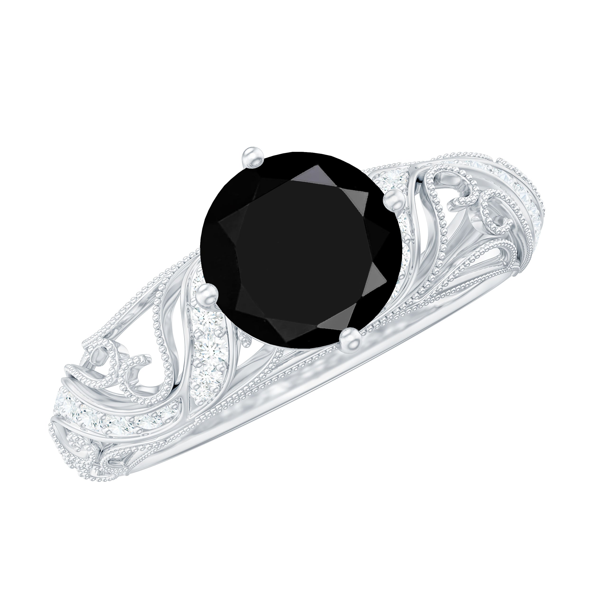 Rosec Jewels-Round Created Black Diamond Vintage Inspired Engagement Ring with Diamond