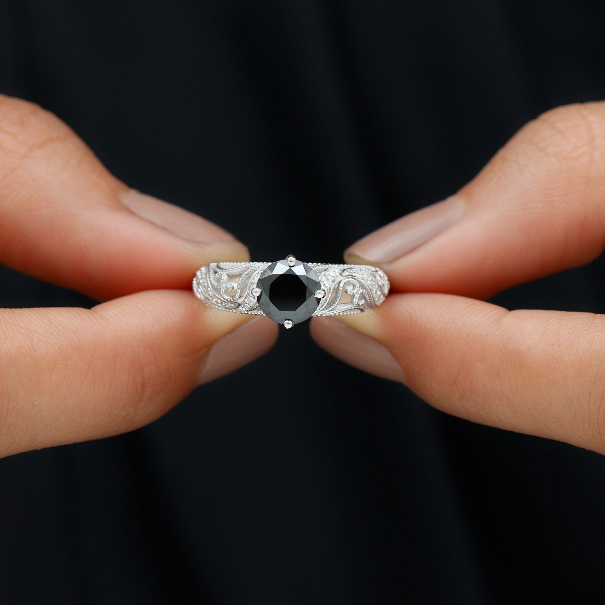 Rosec Jewels-Round Created Black Diamond Vintage Inspired Engagement Ring with Diamond