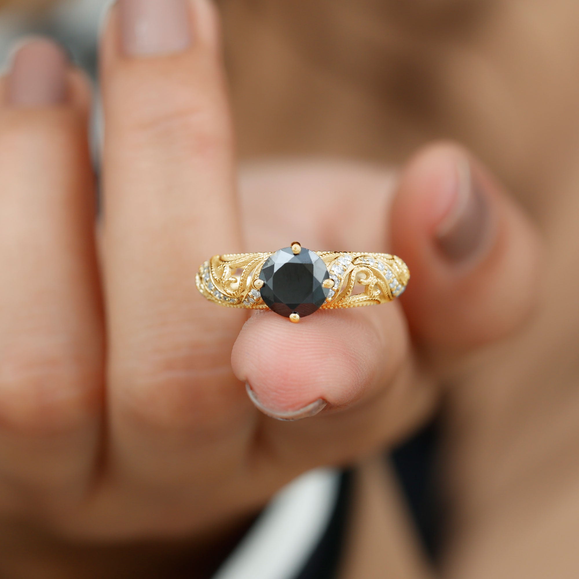 Rosec Jewels-Round Created Black Diamond Vintage Inspired Engagement Ring with Diamond