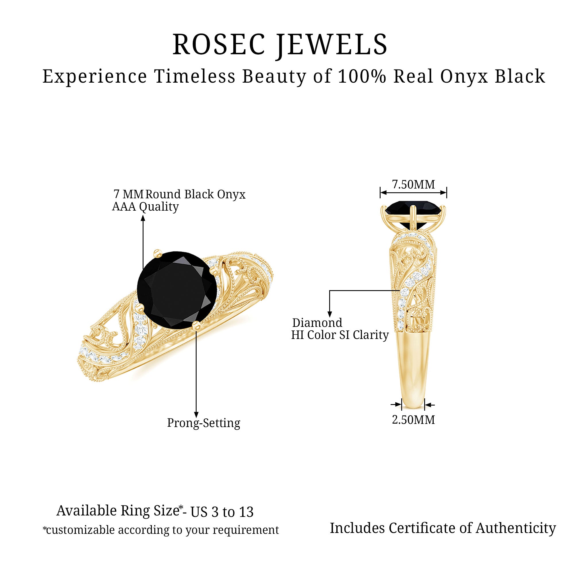 Rosec Jewels-1/4 CT Round Shape Black Onyx and Diamond Milgrain Engagement Ring