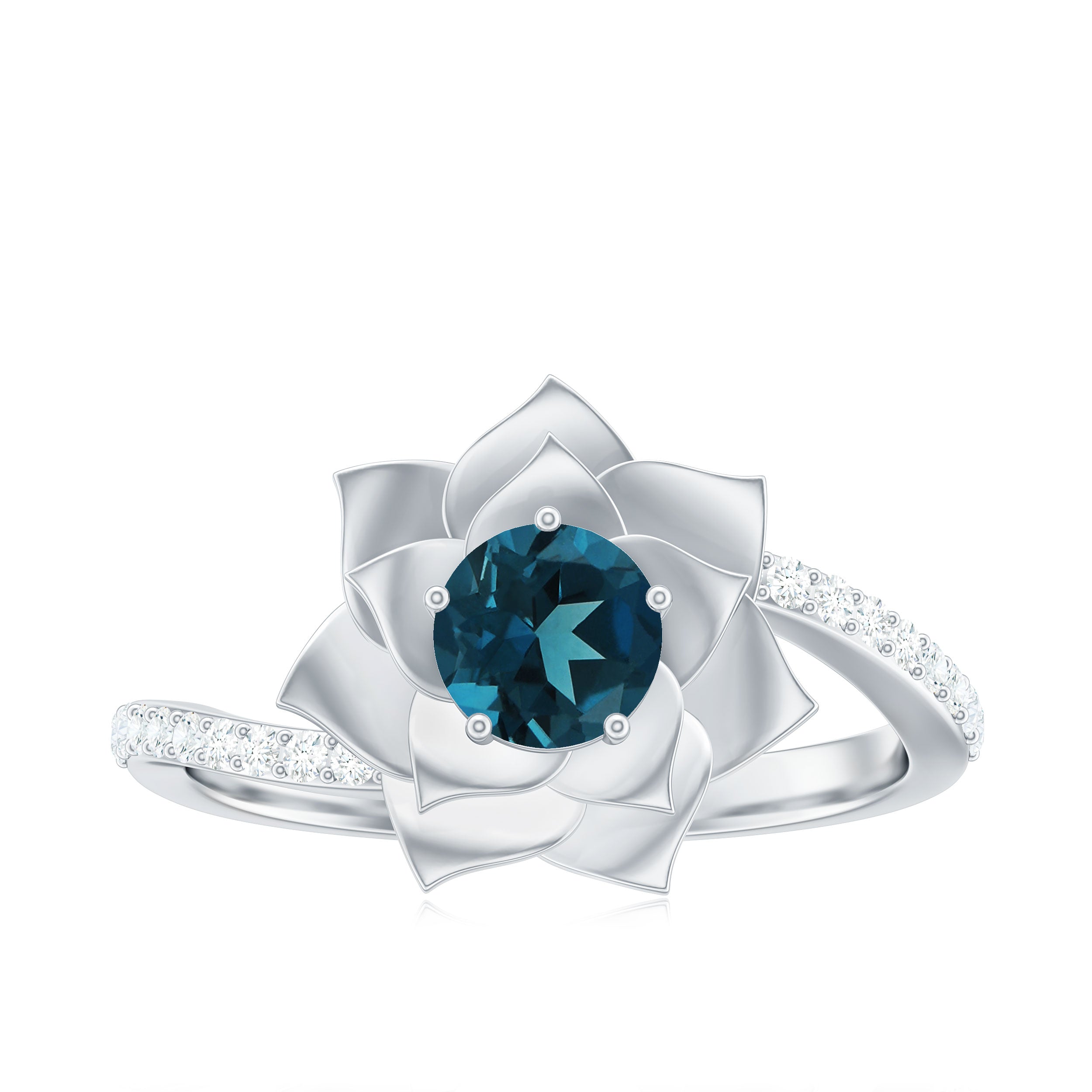 Rosec Jewels-Round London Blue Topaz Bypass Flower Ring with Diamond