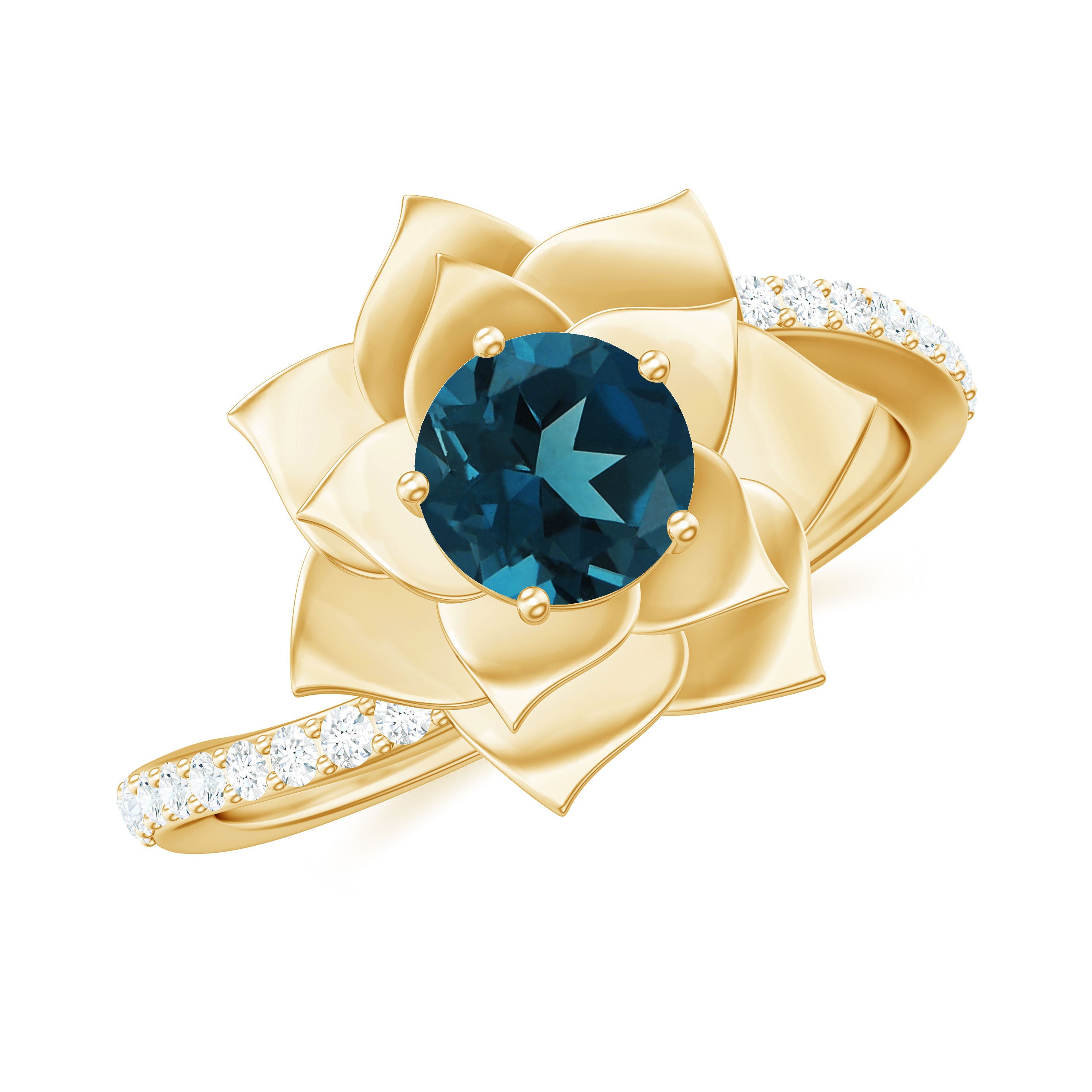 Rosec Jewels-Round London Blue Topaz Bypass Flower Ring with Diamond