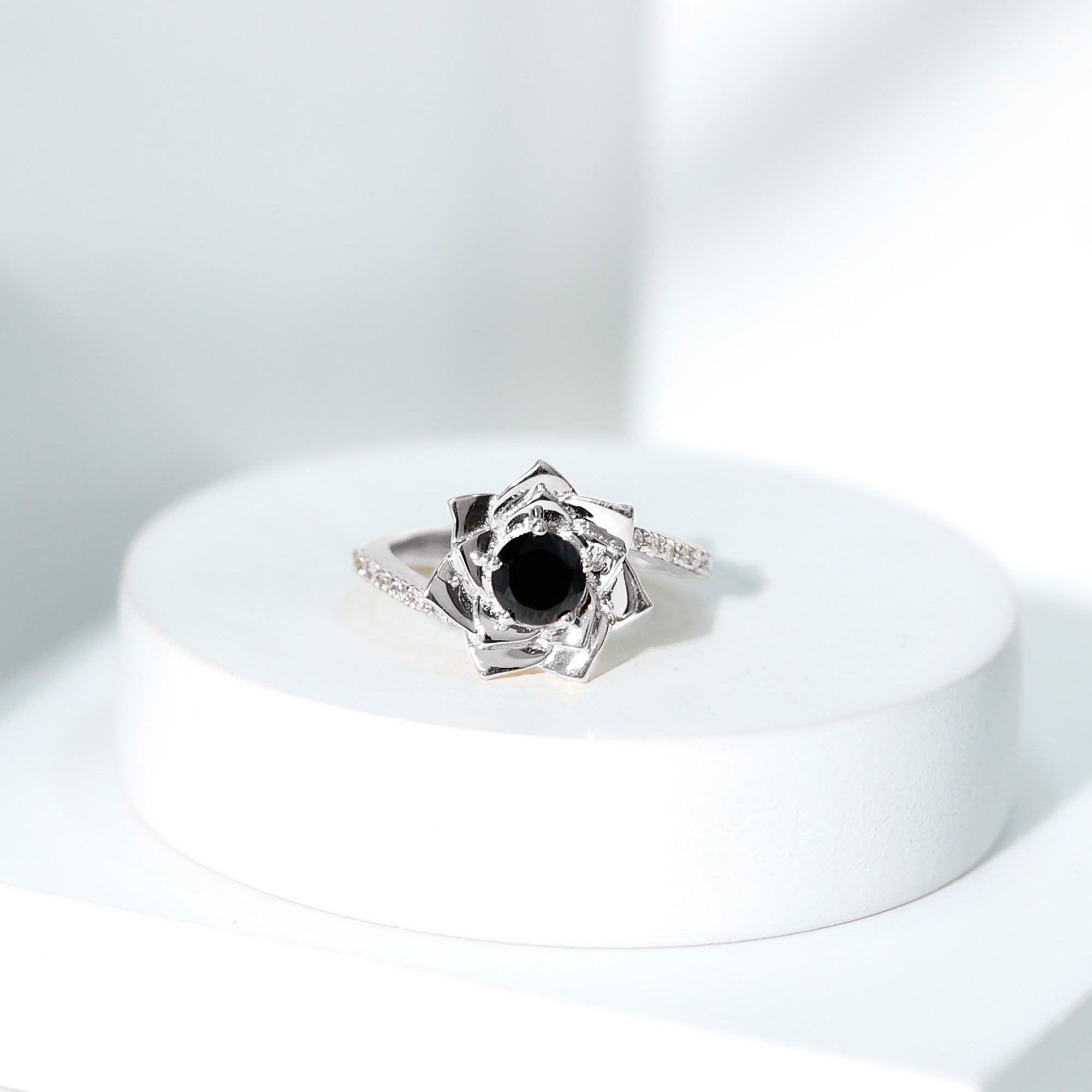 Rosec Jewels-Black Onyx and Diamond Flower Engagement Ring with Bypass Shank