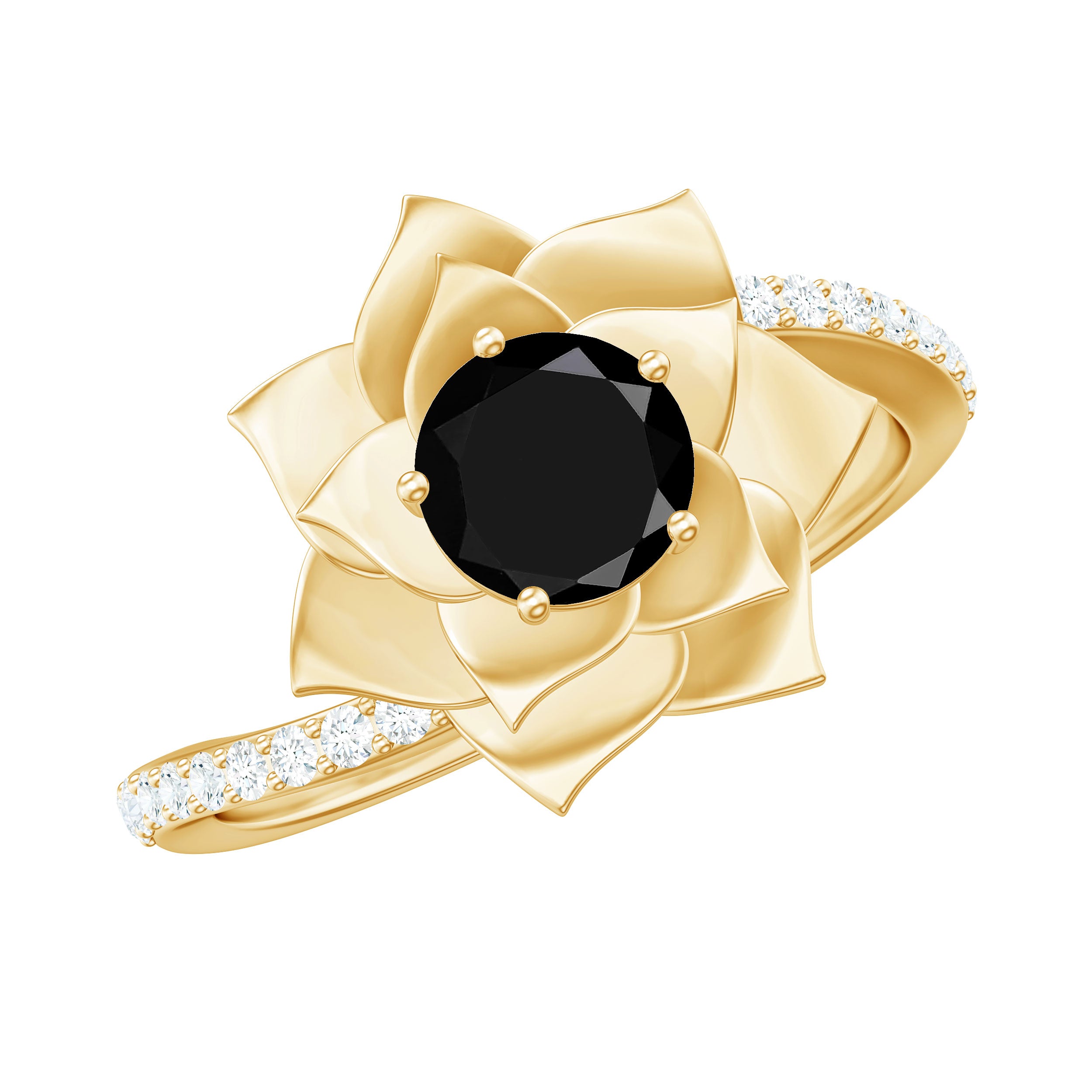 Rosec Jewels-Black Onyx and Diamond Flower Engagement Ring with Bypass Shank